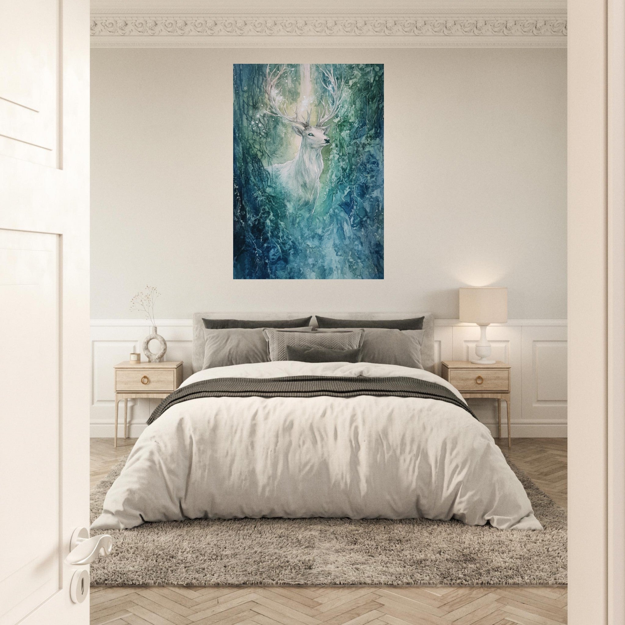 Aluminum Print Portrait - The Silver Stag of the Enchanted Glade Fantasy 2 - Shop Ai Art WebShop - Digital Art online Store