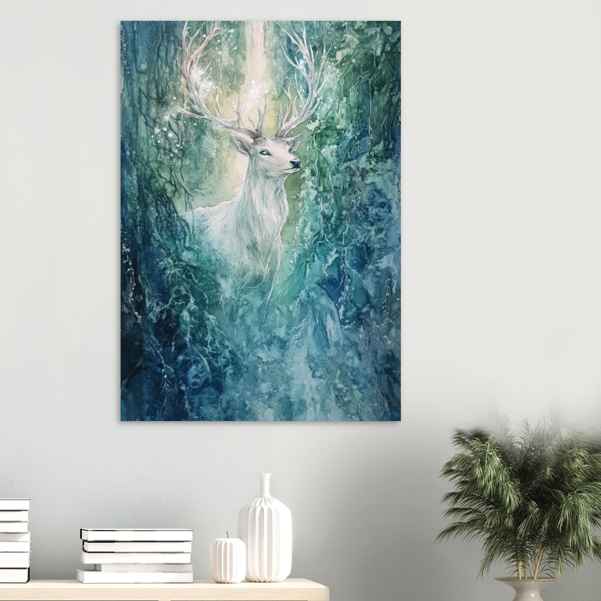 Aluminum Print Portrait - The Silver Stag of the Enchanted Glade Fantasy 2 - Shop Ai Art WebShop - Digital Art online Store