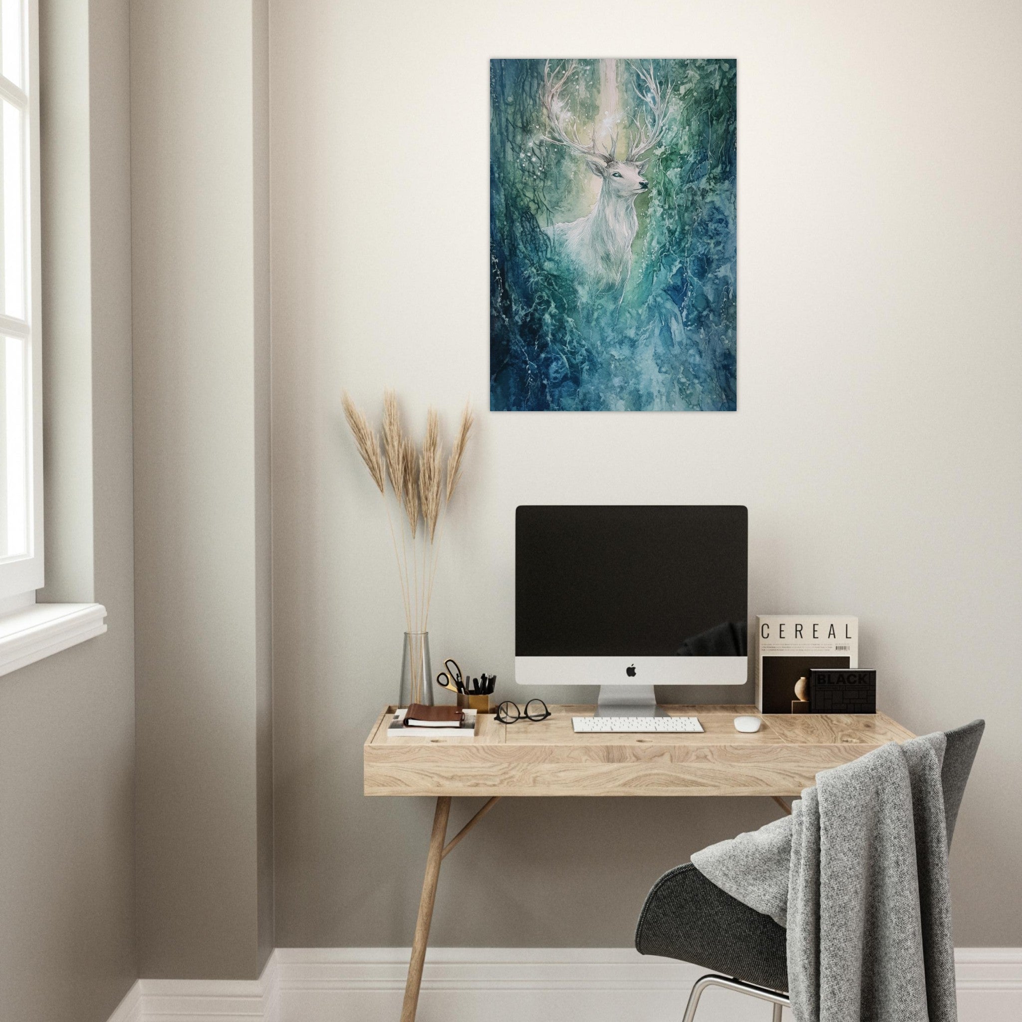 Aluminum Print Portrait - The Silver Stag of the Enchanted Glade Fantasy 2 - Shop Ai Art WebShop - Digital Art online Store