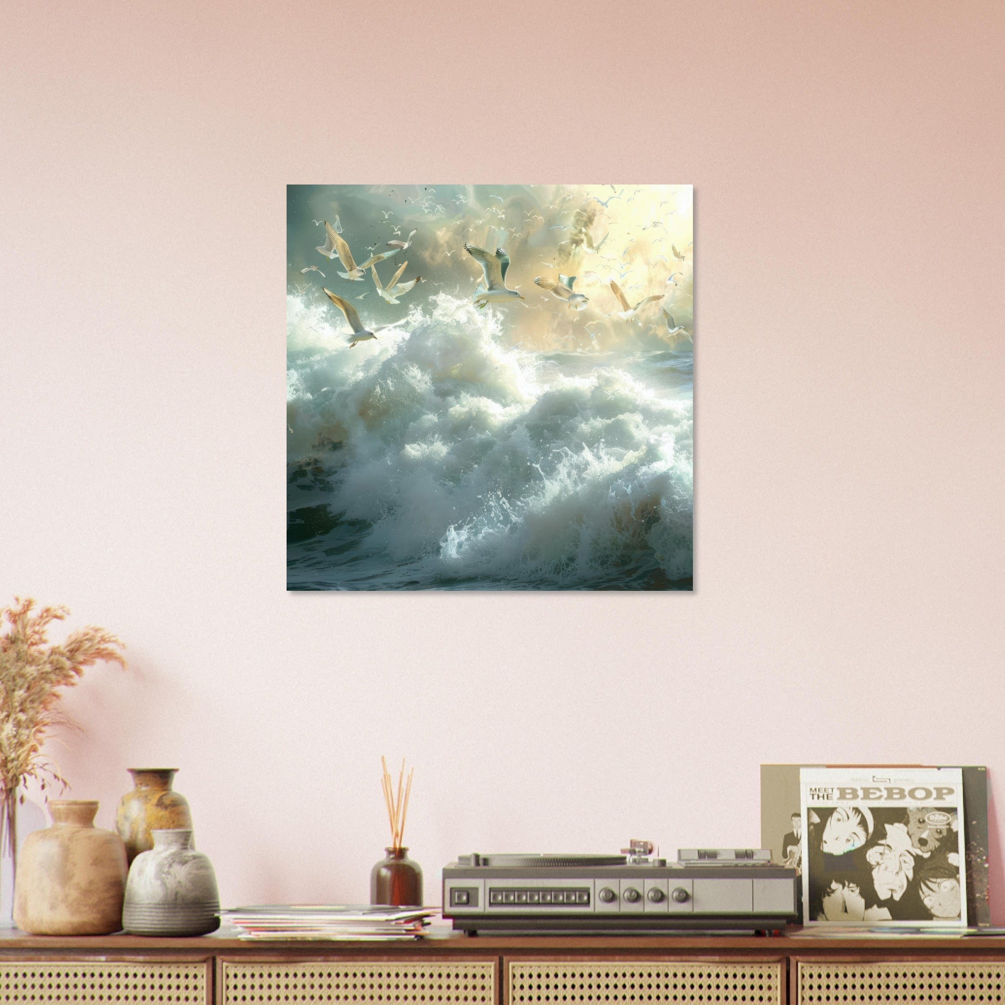 Aluminum Print Square - Impressionism beautiful seawaves with seagels flying around 2 - Shop Ai Art WebShop - Digital Art online Store