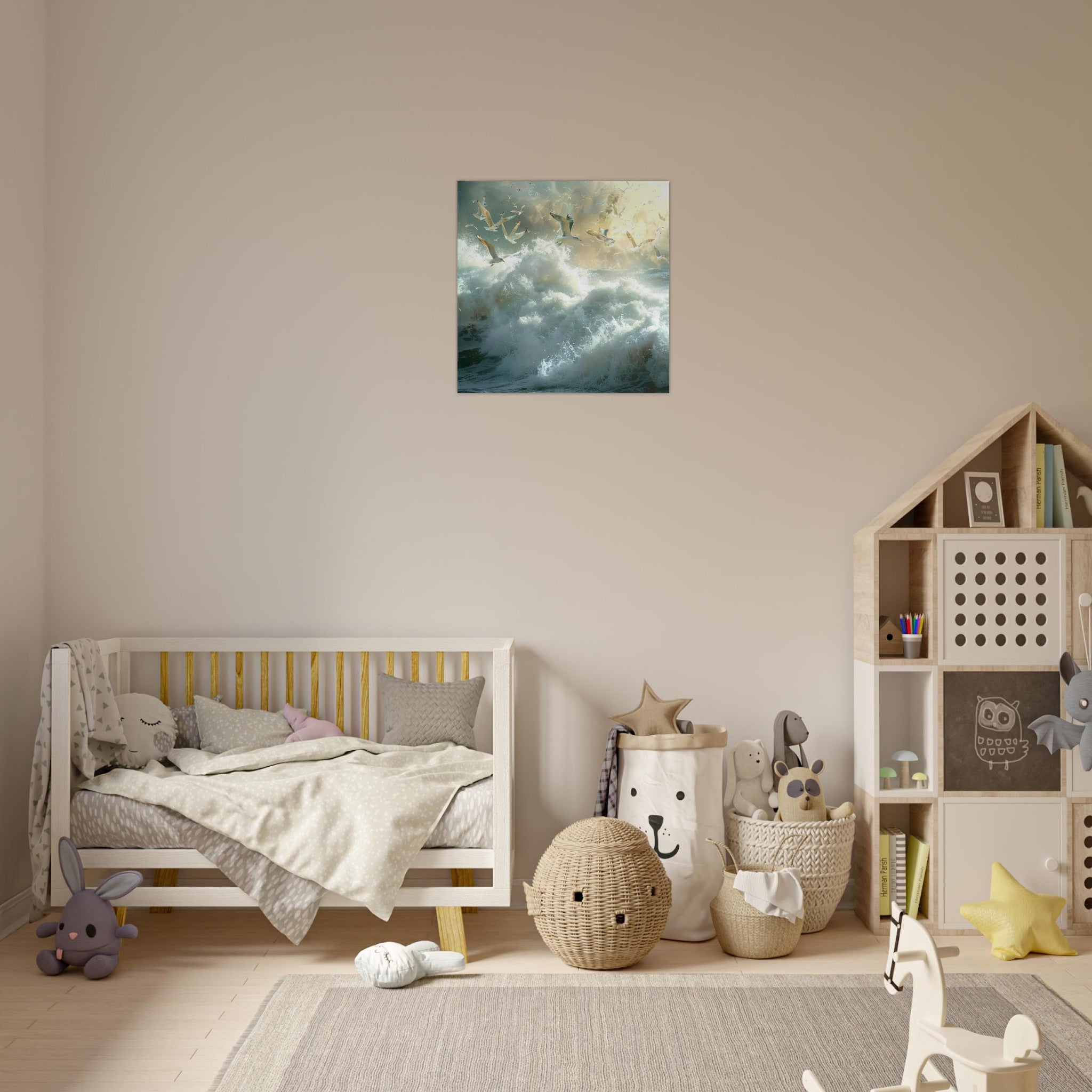 Aluminum Print Square - Impressionism beautiful seawaves with seagels flying around 2 - Shop Ai Art WebShop - Digital Art online Store