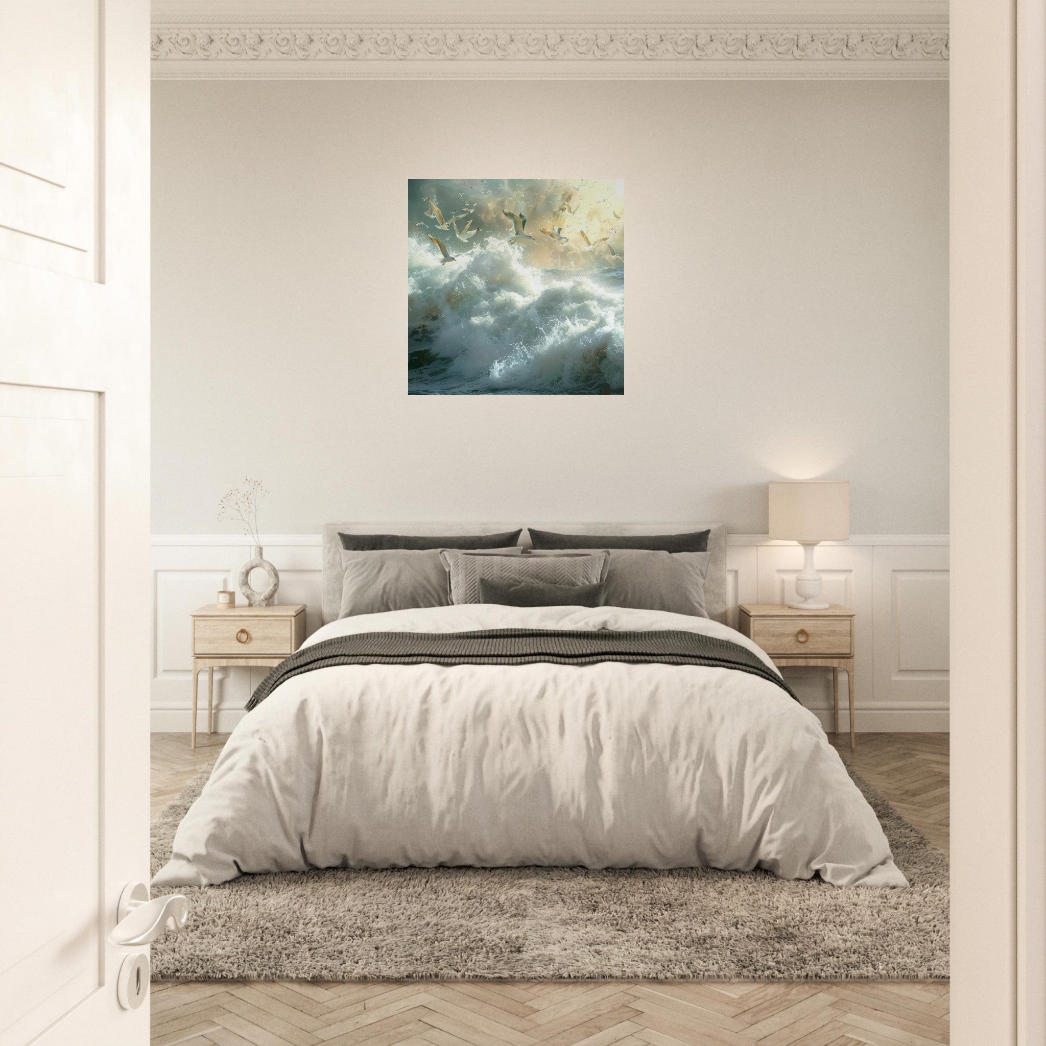 Aluminum Print Square - Impressionism beautiful seawaves with seagels flying around 2 - Shop Ai Art WebShop - Digital Art online Store