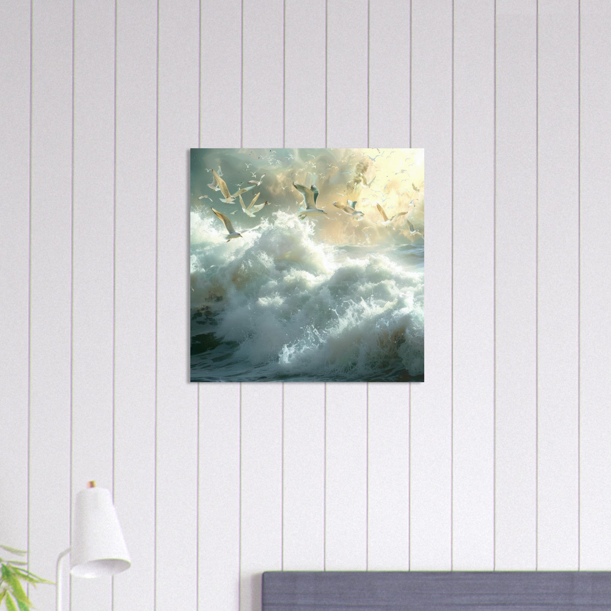 Aluminum Print Square - Impressionism beautiful seawaves with seagels flying around 2 - Shop Ai Art WebShop - Digital Art online Store