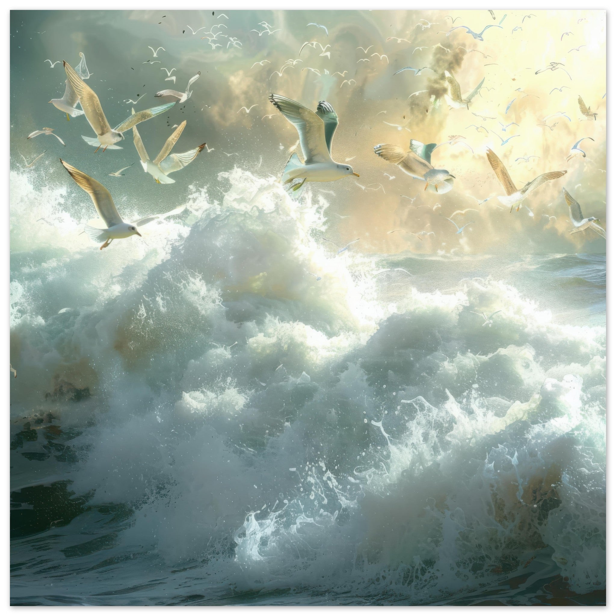 Aluminum Print Square - Impressionism beautiful seawaves with seagels flying around 2 - Shop Ai Art WebShop - Digital Art online Store