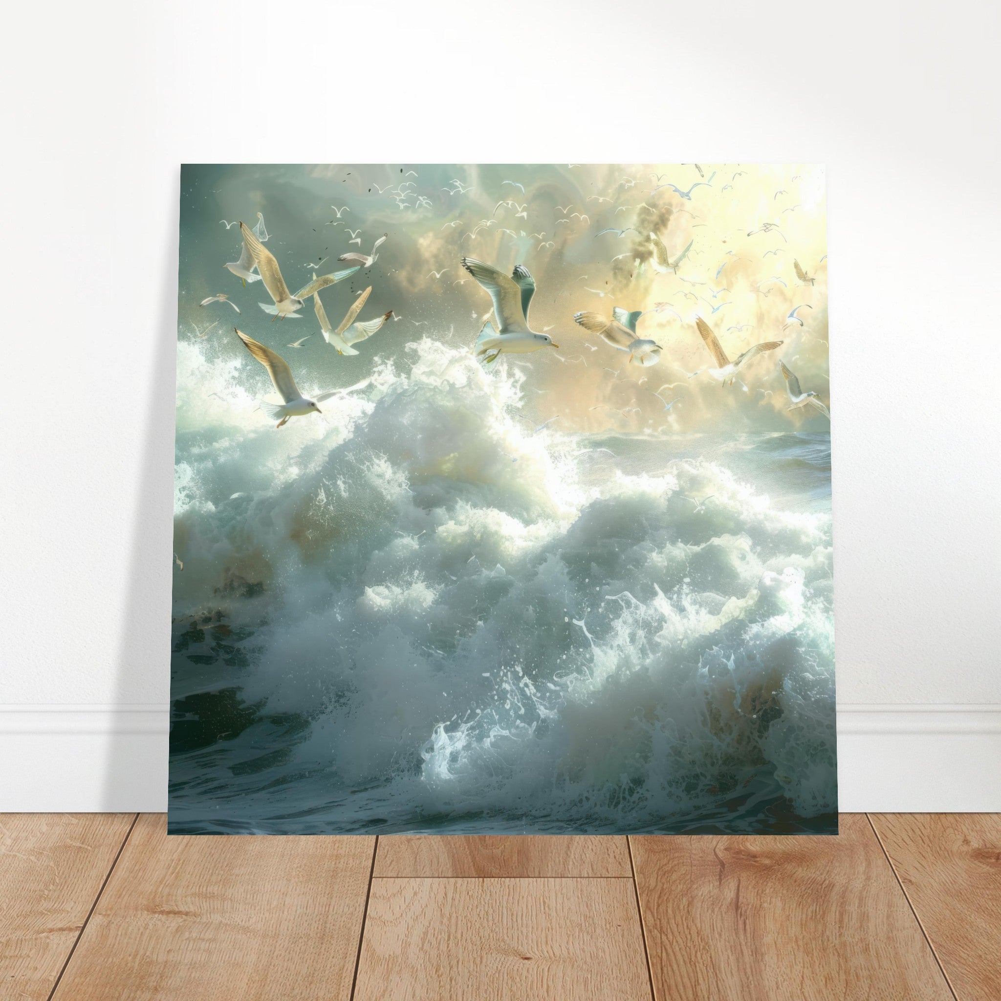 Aluminum Print Square - Impressionism beautiful seawaves with seagels flying around 2 - Shop Ai Art WebShop - Digital Art online Store