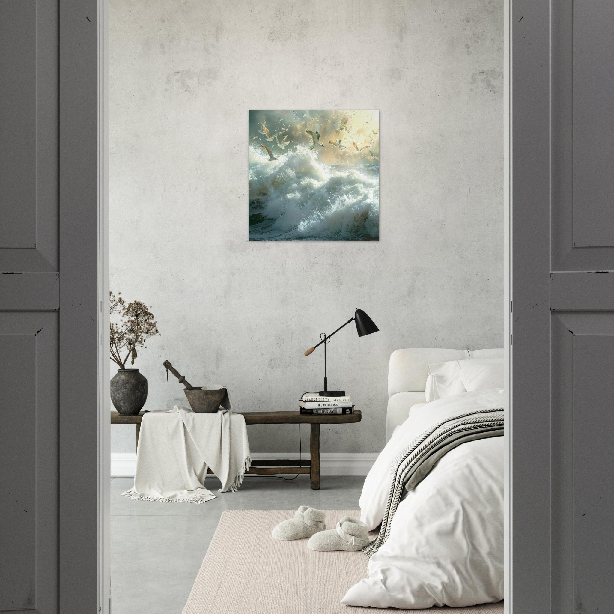 Aluminum Print Square - Impressionism beautiful seawaves with seagels flying around 2 - Shop Ai Art WebShop - Digital Art online Store