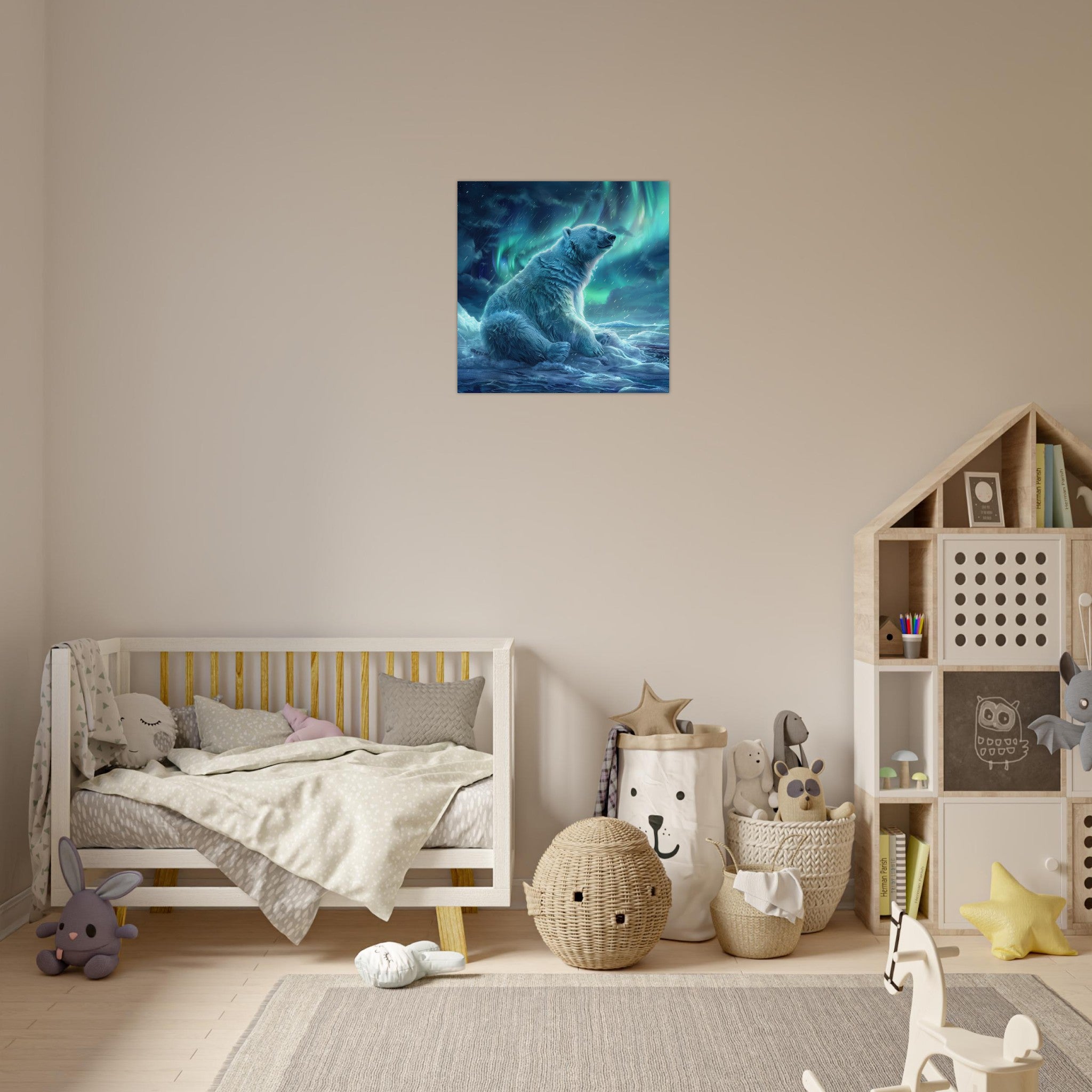 Aluminum Print Square - Polar Bear in the cold Night Enjoying the Northern Lights - Shop Ai Art WebShop - Digital Art online Store