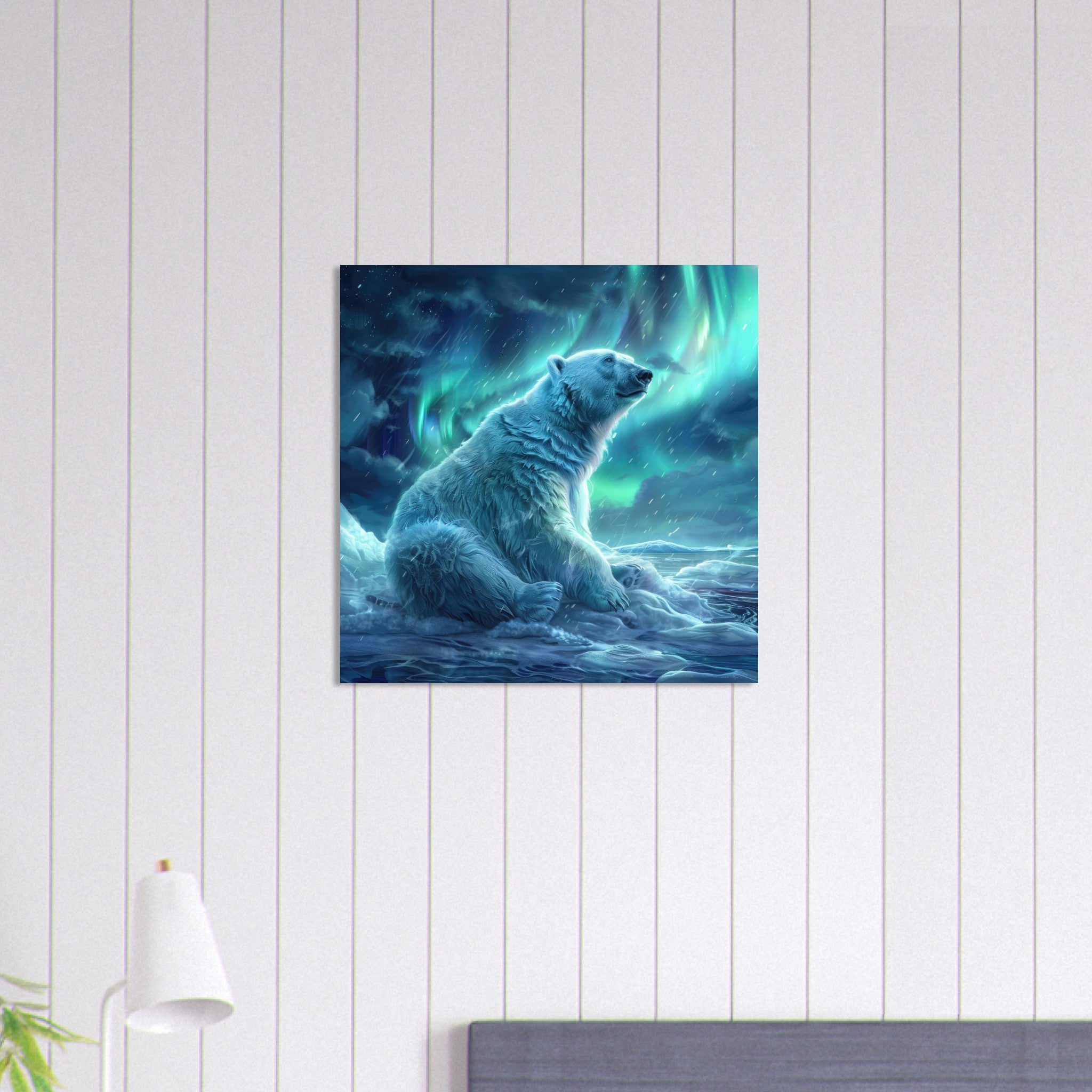 Aluminum Print Square - Polar Bear in the cold Night Enjoying the Northern Lights - Shop Ai Art WebShop - Digital Art online Store