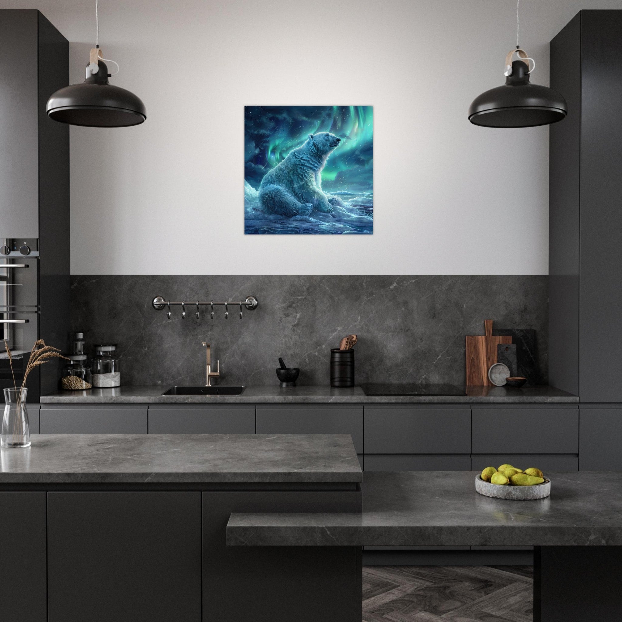 Aluminum Print Square - Polar Bear in the cold Night Enjoying the Northern Lights - Shop Ai Art WebShop - Digital Art online Store