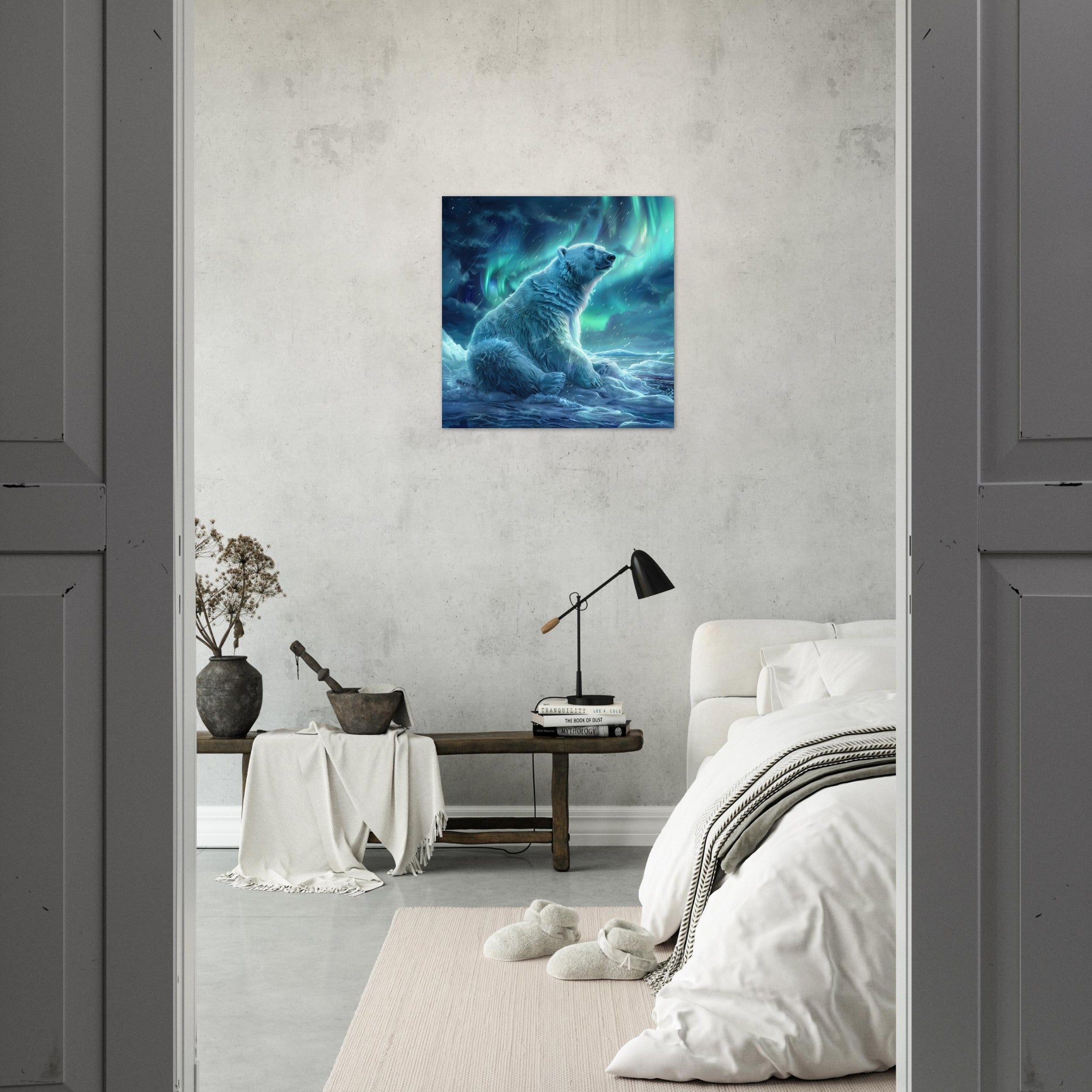 Aluminum Print Square - Polar Bear in the cold Night Enjoying the Northern Lights - Shop Ai Art WebShop - Digital Art online Store