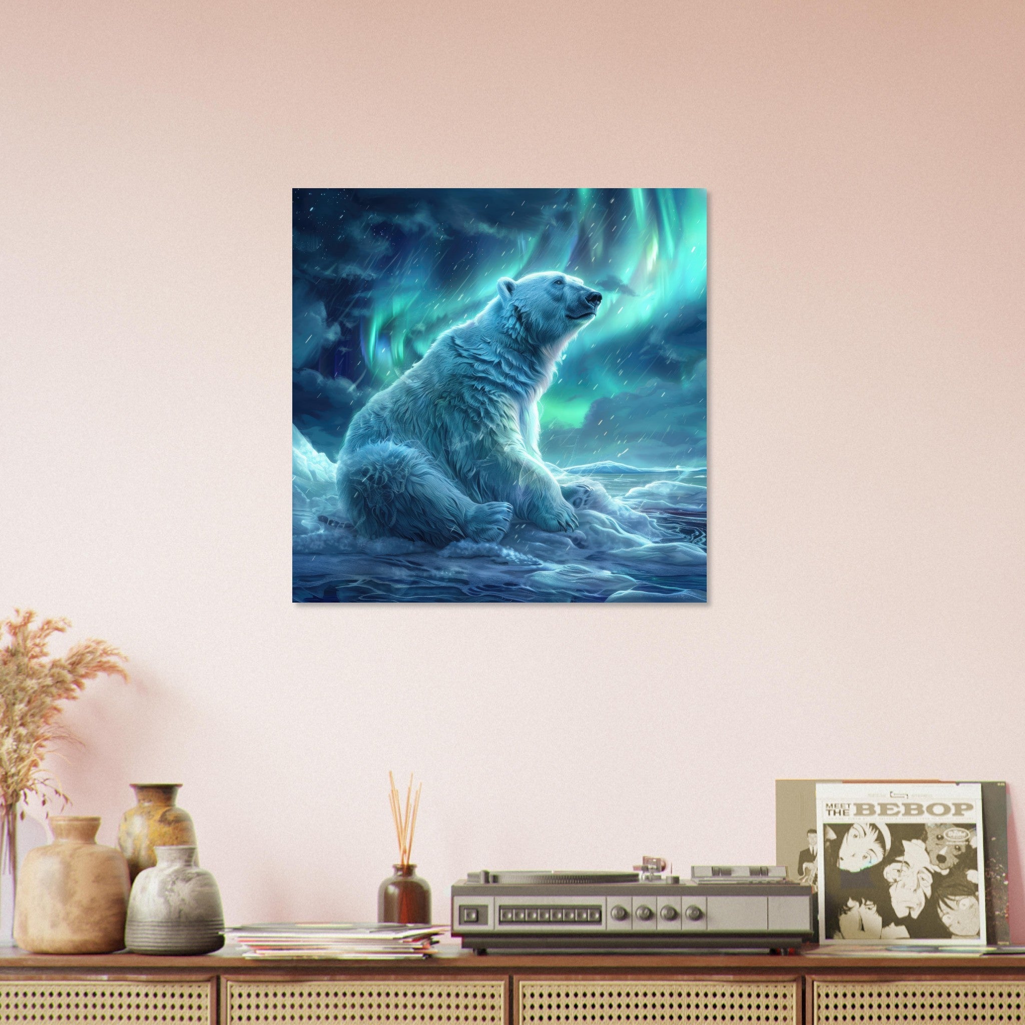 Aluminum Print Square - Polar Bear in the cold Night Enjoying the Northern Lights - Shop Ai Art WebShop - Digital Art online Store