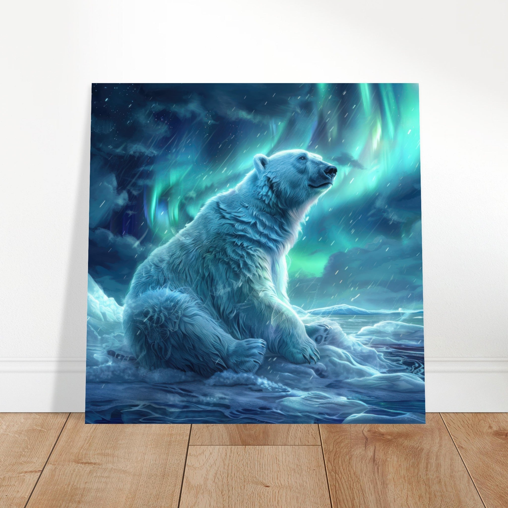 Aluminum Print Square - Polar Bear in the cold Night Enjoying the Northern Lights - Shop Ai Art WebShop - Digital Art online Store