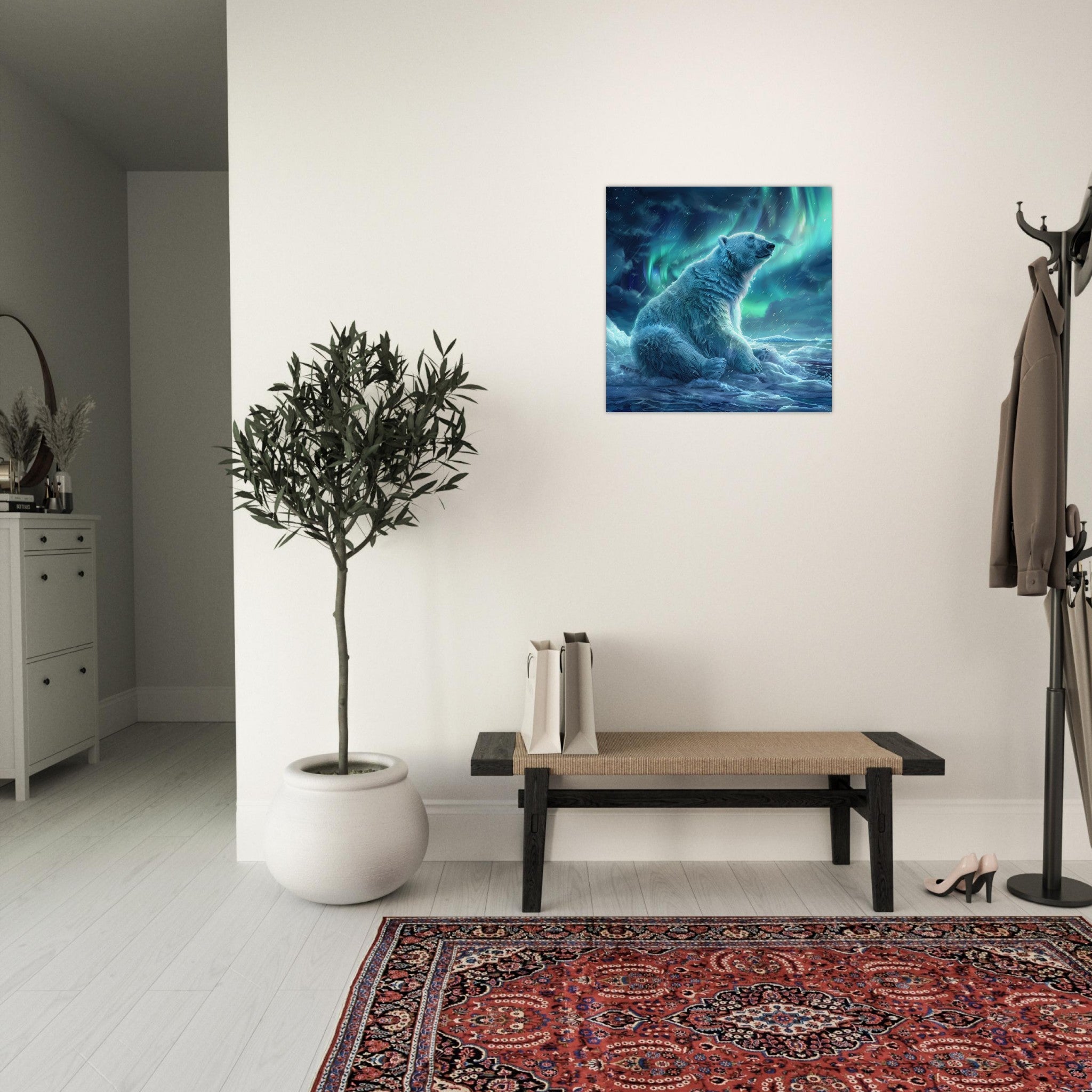 Aluminum Print Square - Polar Bear in the cold Night Enjoying the Northern Lights - Shop Ai Art WebShop - Digital Art online Store
