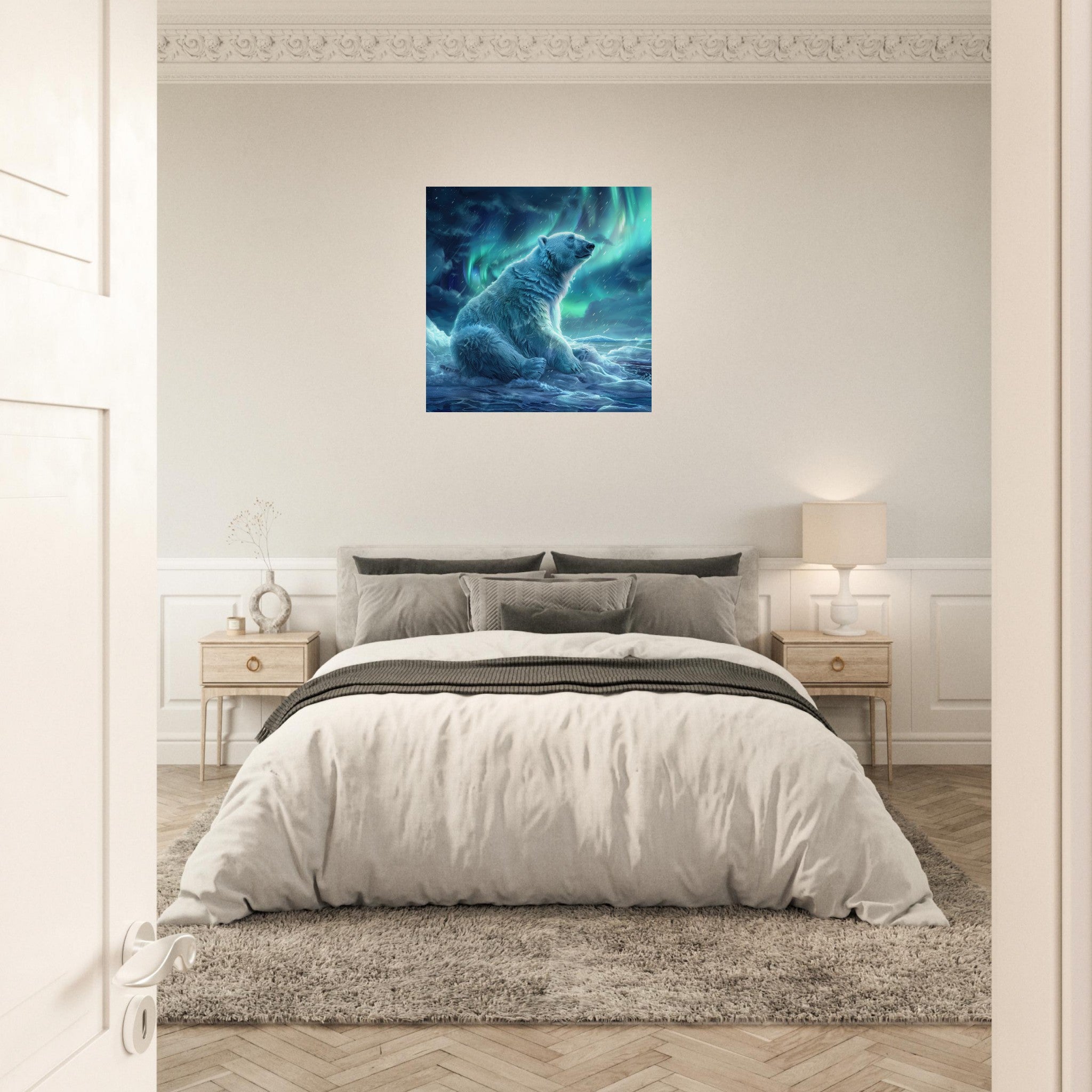 Aluminum Print Square - Polar Bear in the cold Night Enjoying the Northern Lights - Shop Ai Art WebShop - Digital Art online Store