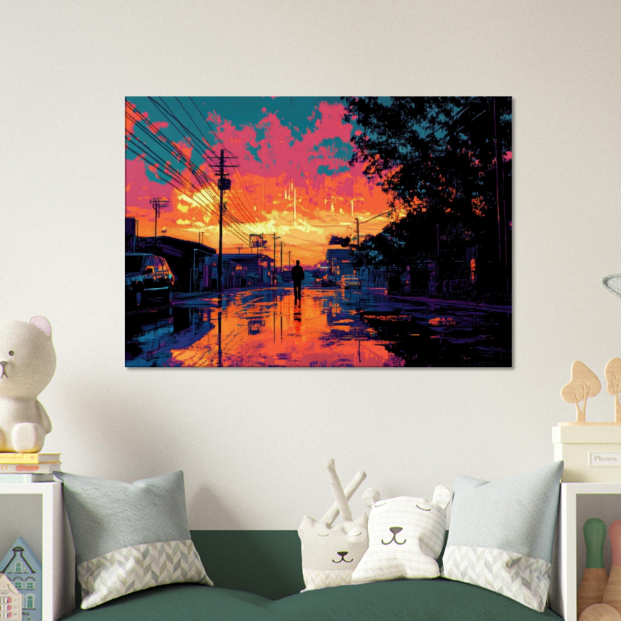Canvas Landscape - A city where neon lights create impossible rifle 3 - Ai Art Force