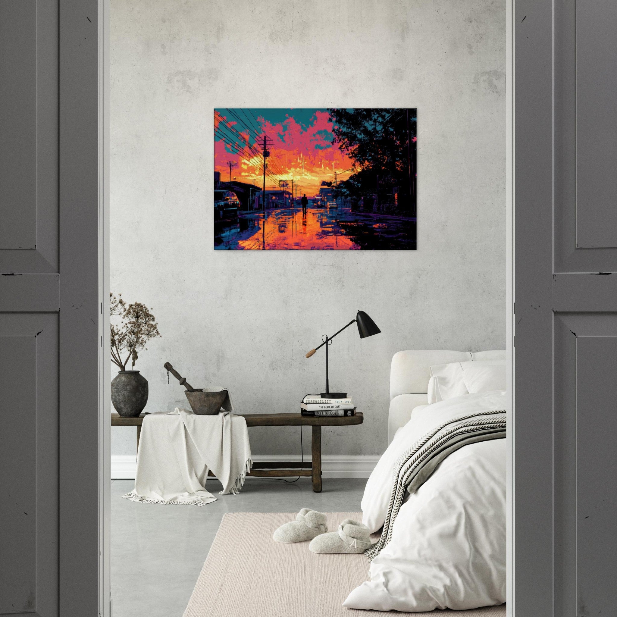 Canvas Landscape - A city where neon lights create impossible rifle 3 - Ai Art Force