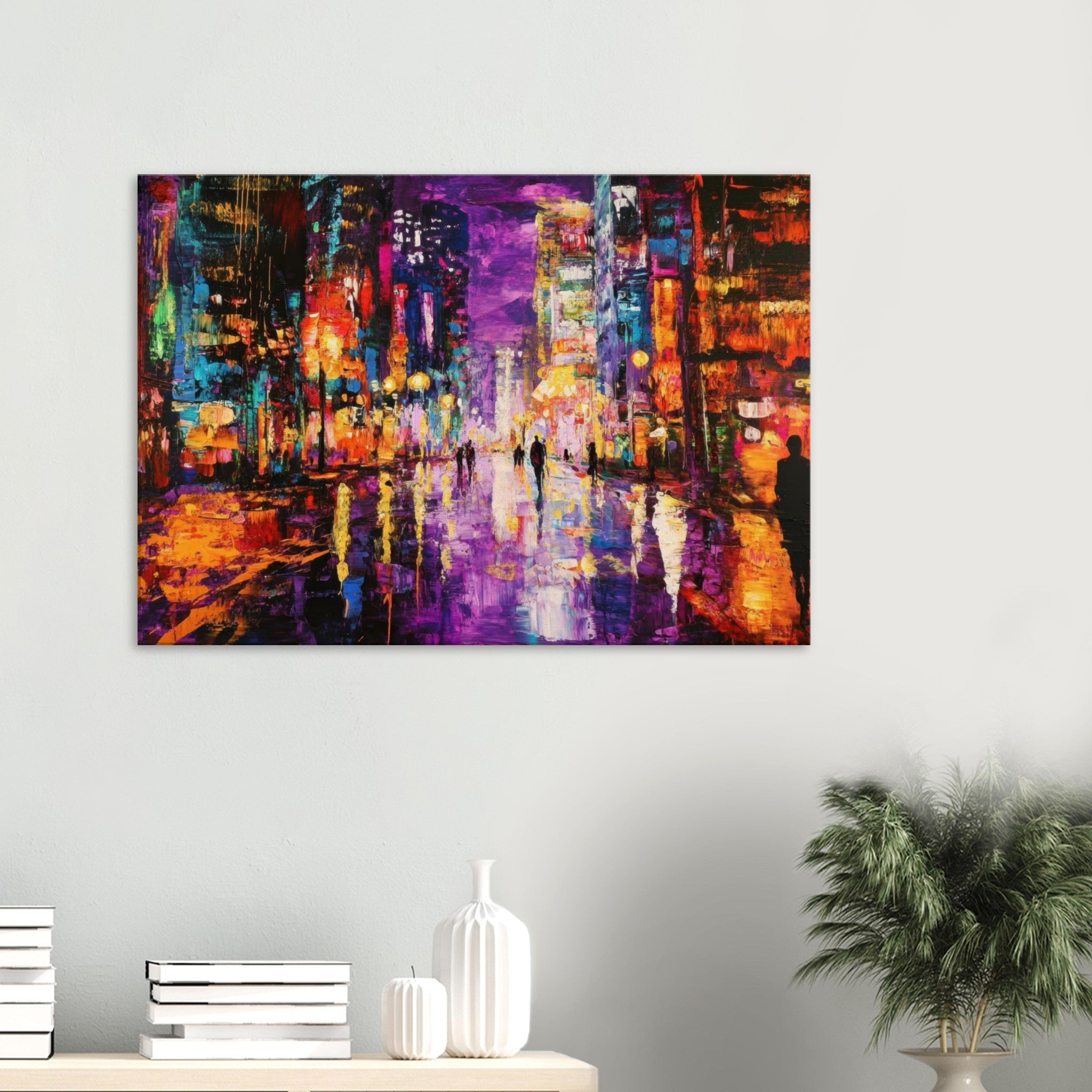 Canvas Landscape - A cityscape bathed in the dim glow of streetligh - Shop Ai Art WebShop - Digital Art online Store