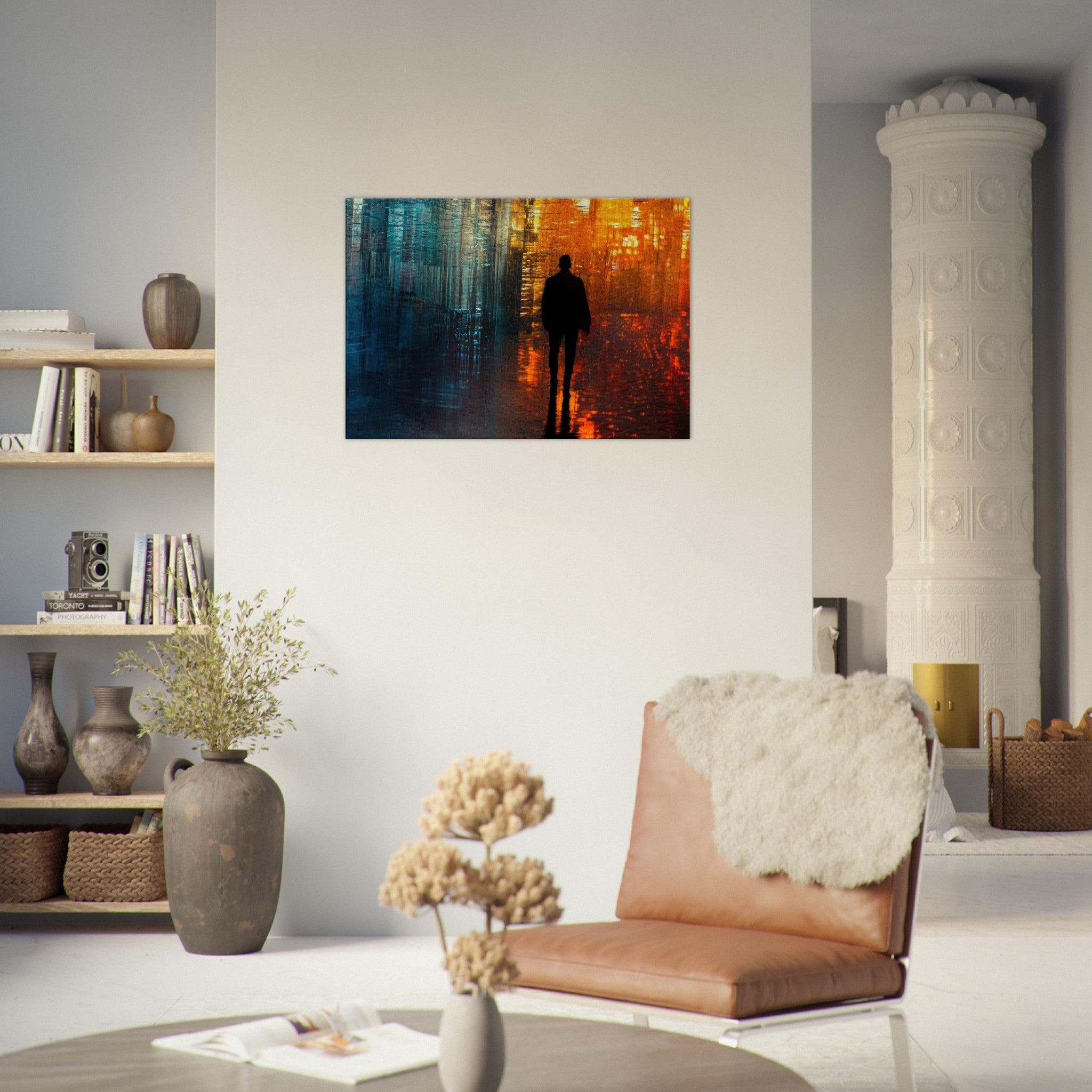 Canvas Landscape - A lonely figure walks the rain - drenched streets - Ai Art Force