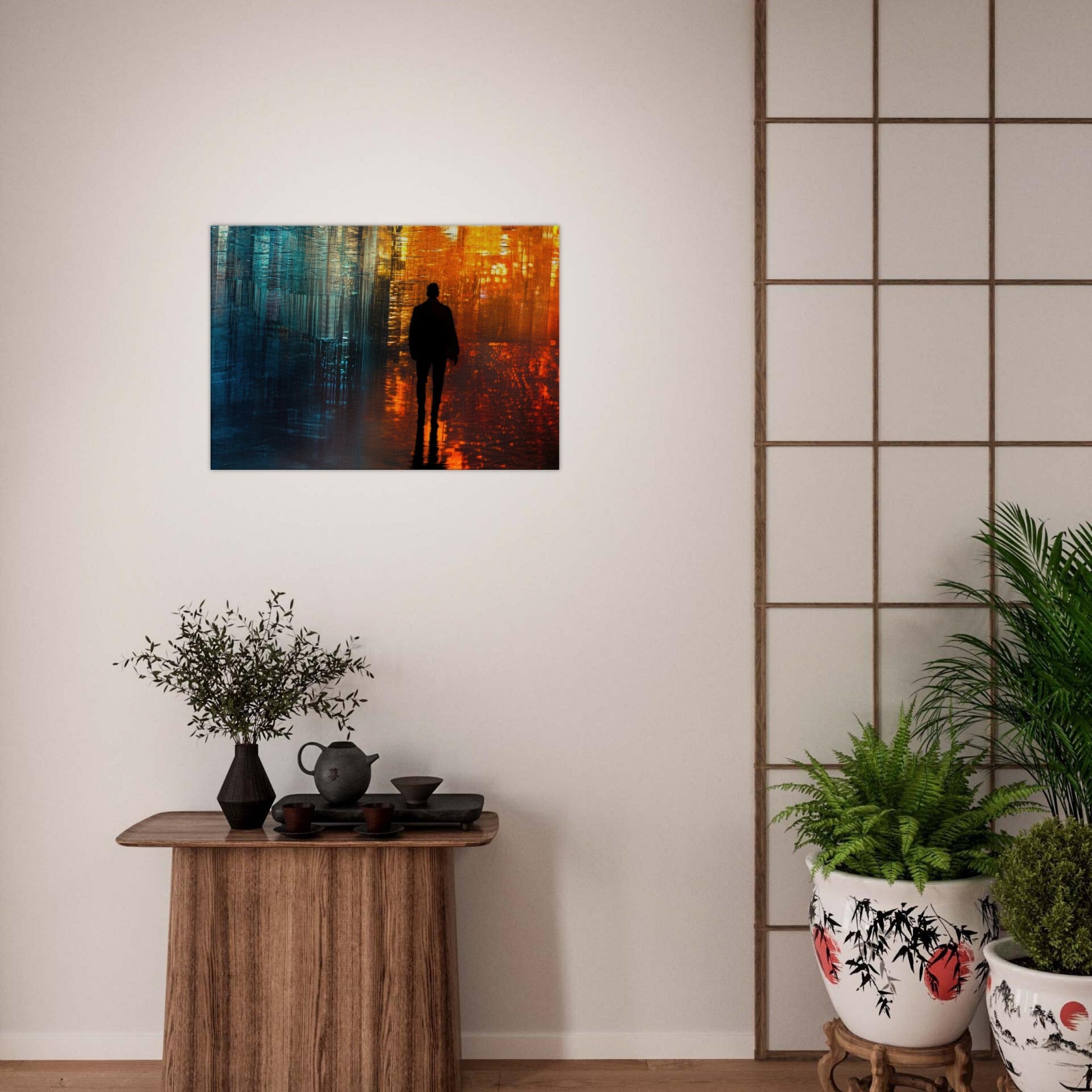 Canvas Landscape - A lonely figure walks the rain - drenched streets - Ai Art Force