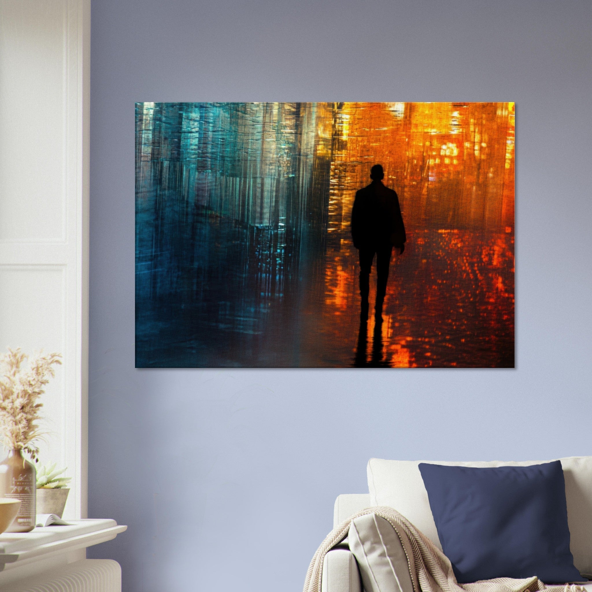 Canvas Landscape - A lonely figure walks the rain - drenched streets - Ai Art Force
