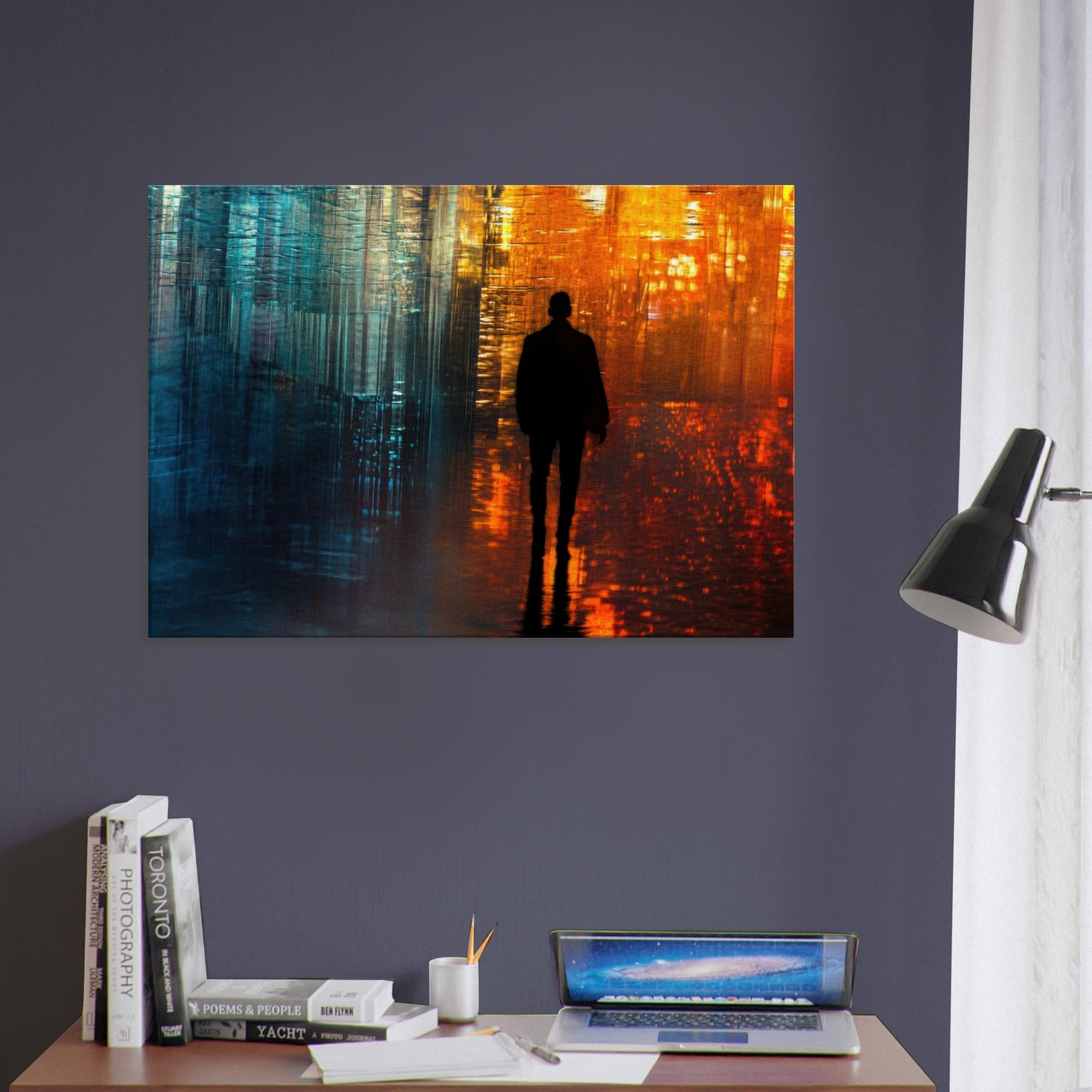 Canvas Landscape - A lonely figure walks the rain - drenched streets - Ai Art Force