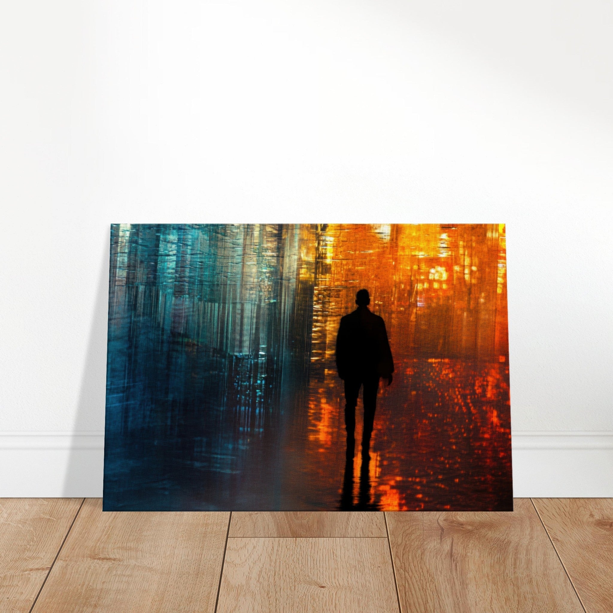 Canvas Landscape - A lonely figure walks the rain - drenched streets - Ai Art Force