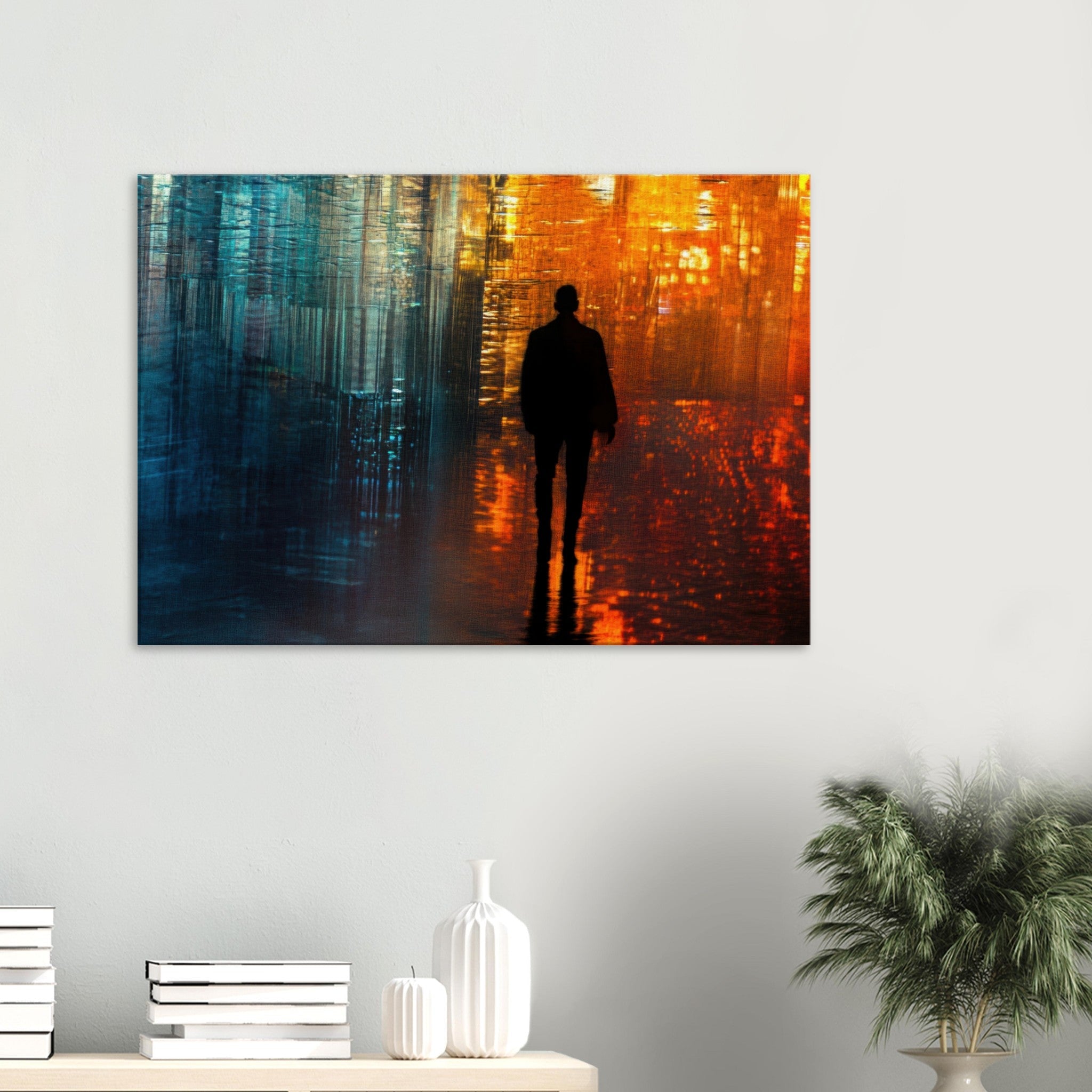 Canvas Landscape - A lonely figure walks the rain - drenched streets - Ai Art Force