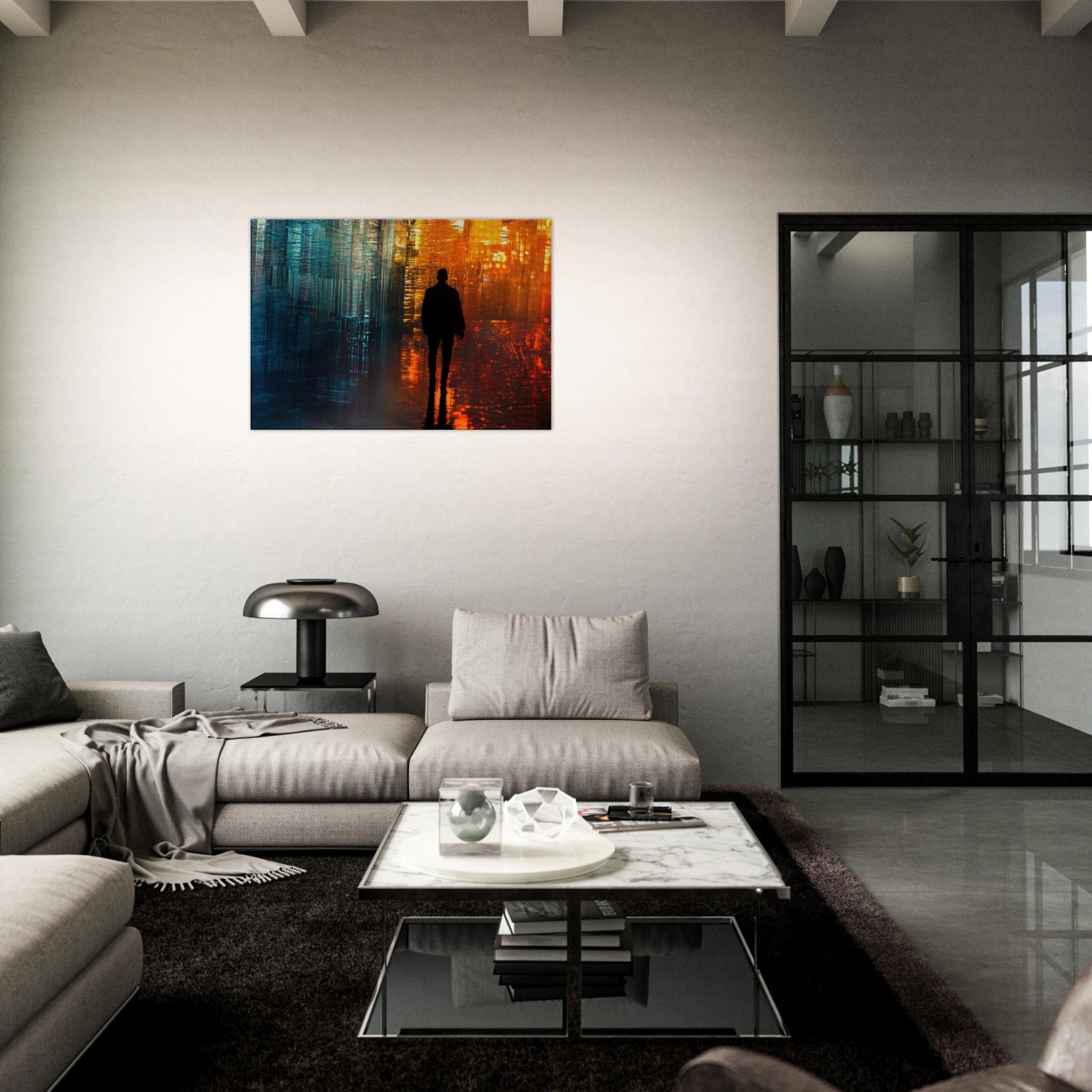 Canvas Landscape - A lonely figure walks the rain - drenched streets - Ai Art Force