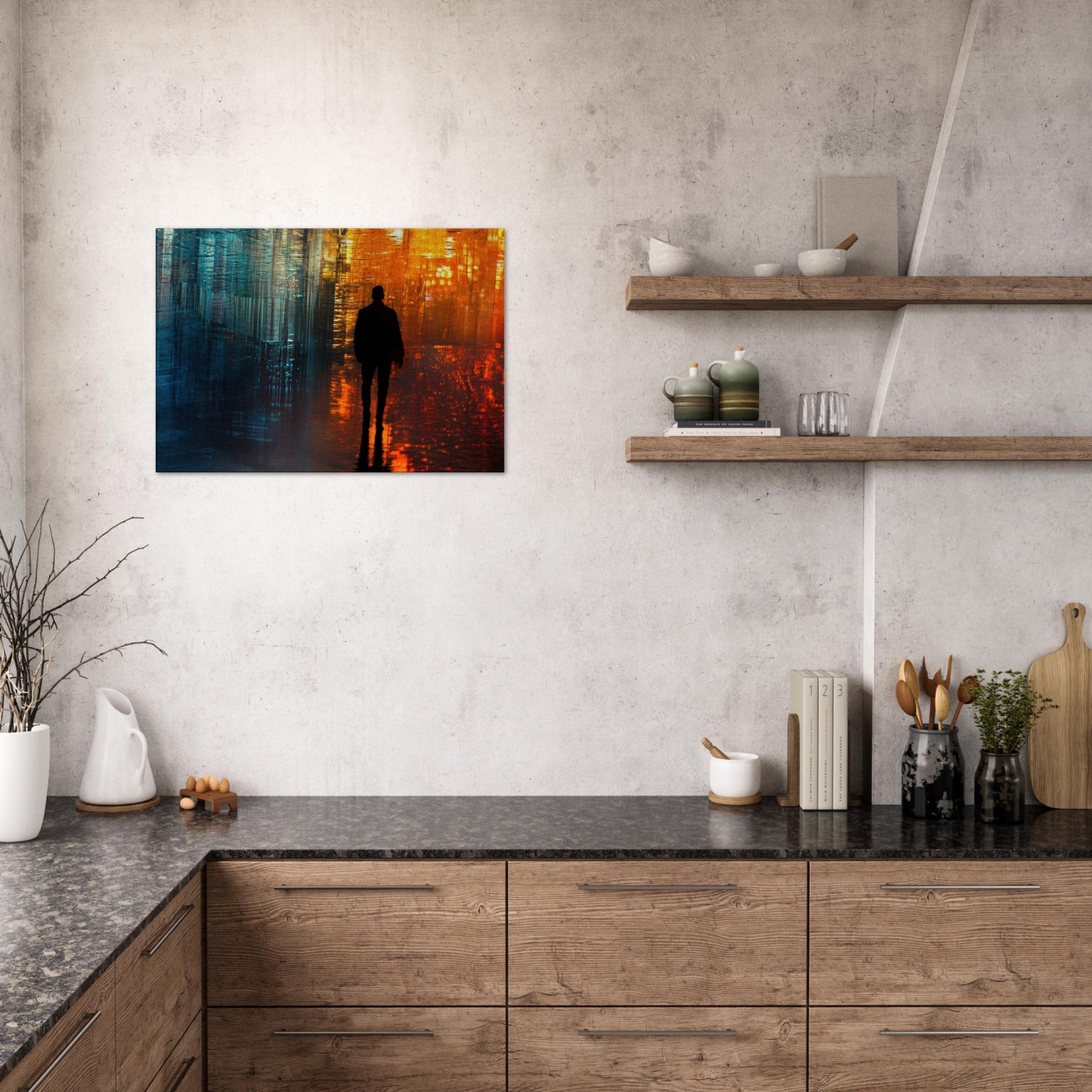 Canvas Landscape - A lonely figure walks the rain - drenched streets - Ai Art Force