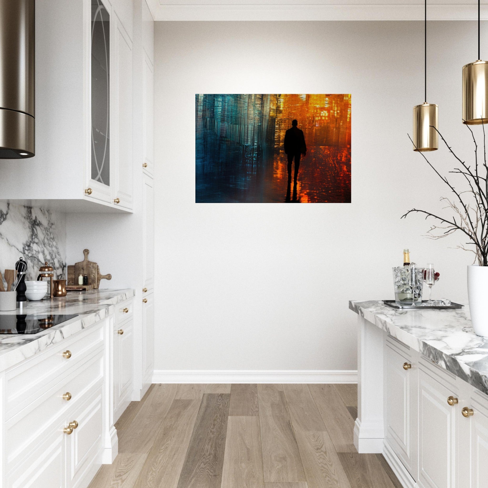 Canvas Landscape - A lonely figure walks the rain - drenched streets - Ai Art Force