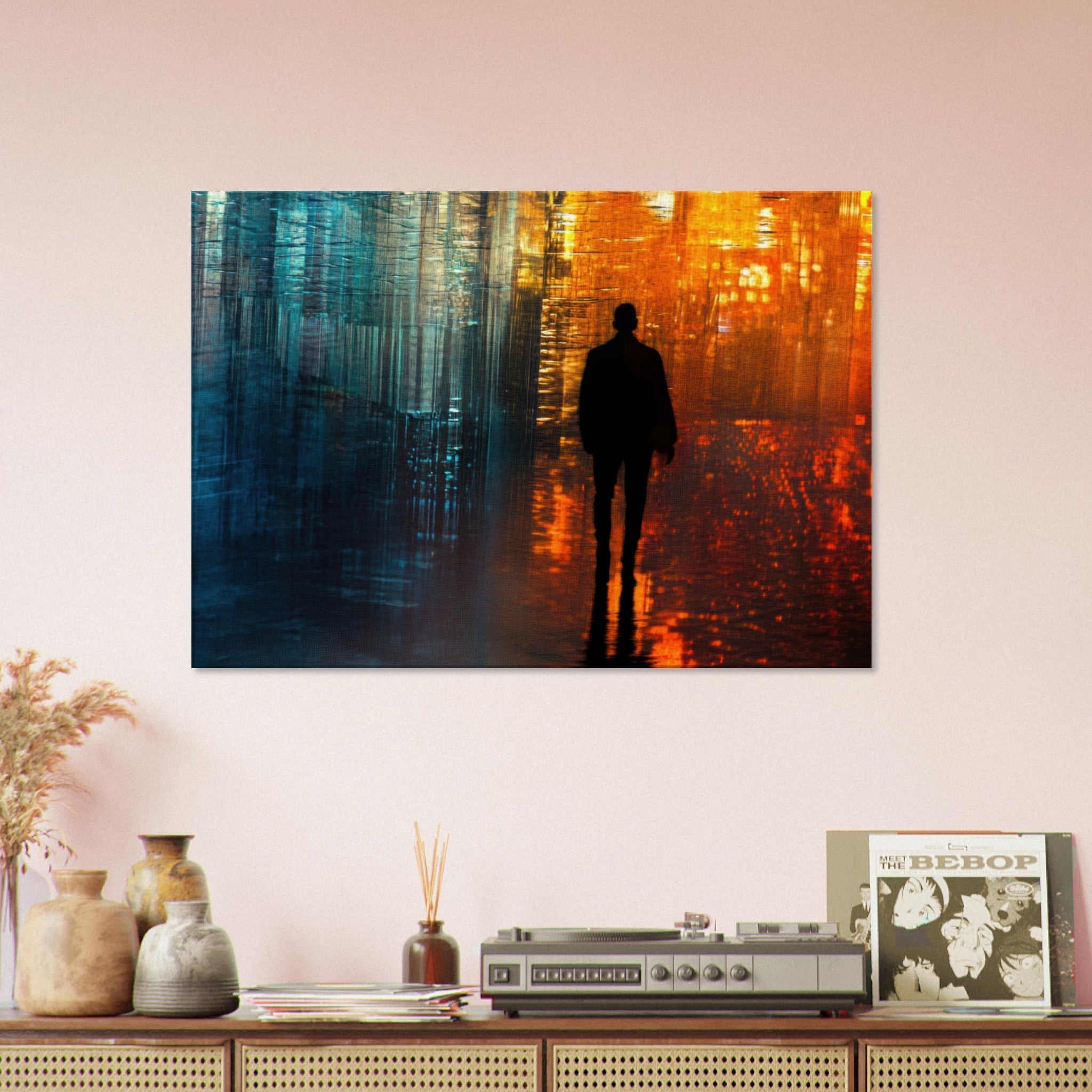 Canvas Landscape - A lonely figure walks the rain - drenched streets - Ai Art Force