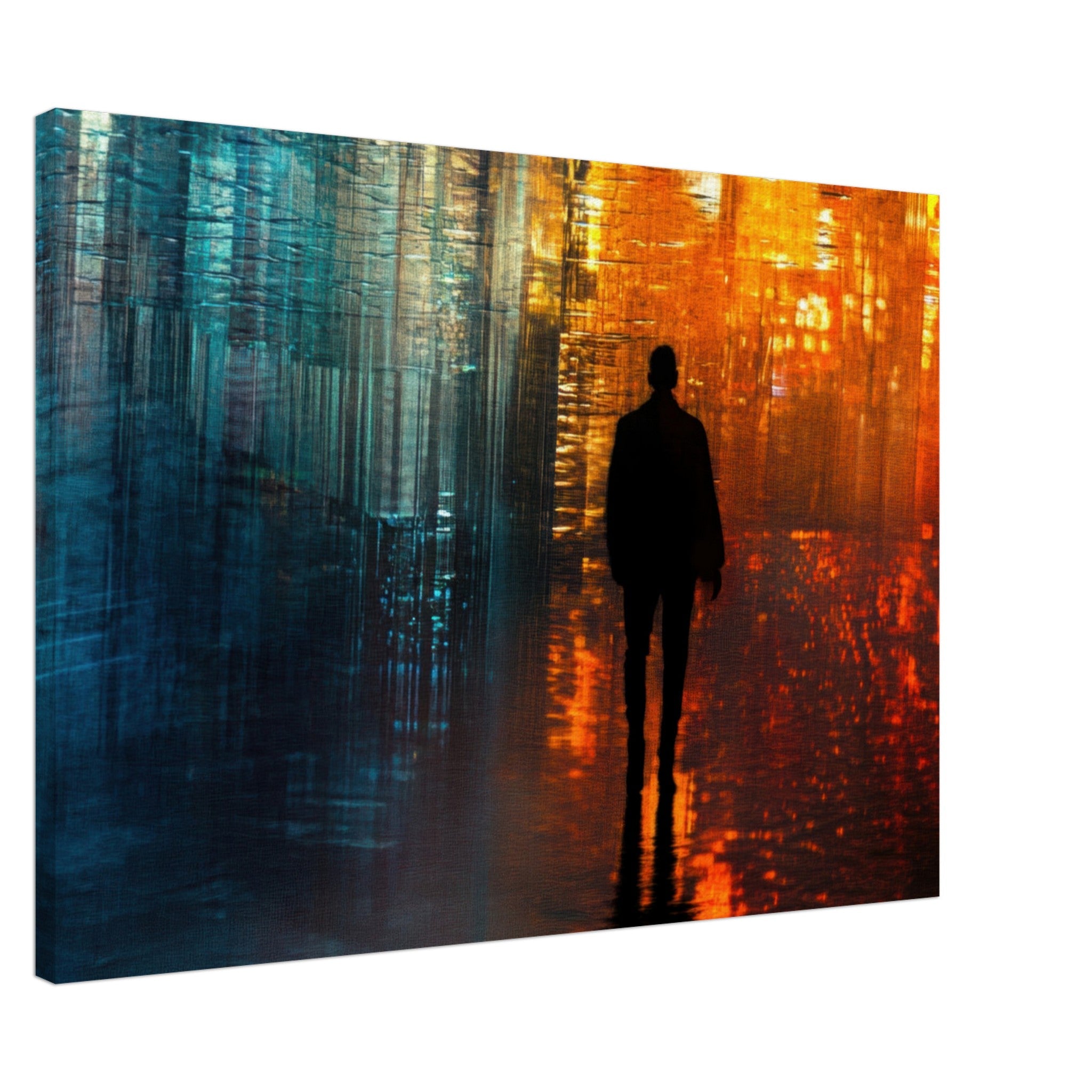 Canvas Landscape - A lonely figure walks the rain - drenched streets - Ai Art Force