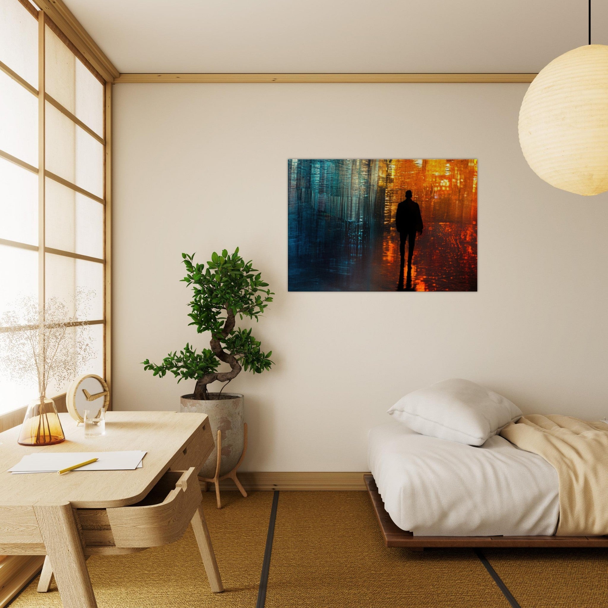 Canvas Landscape - A lonely figure walks the rain - drenched streets - Ai Art Force