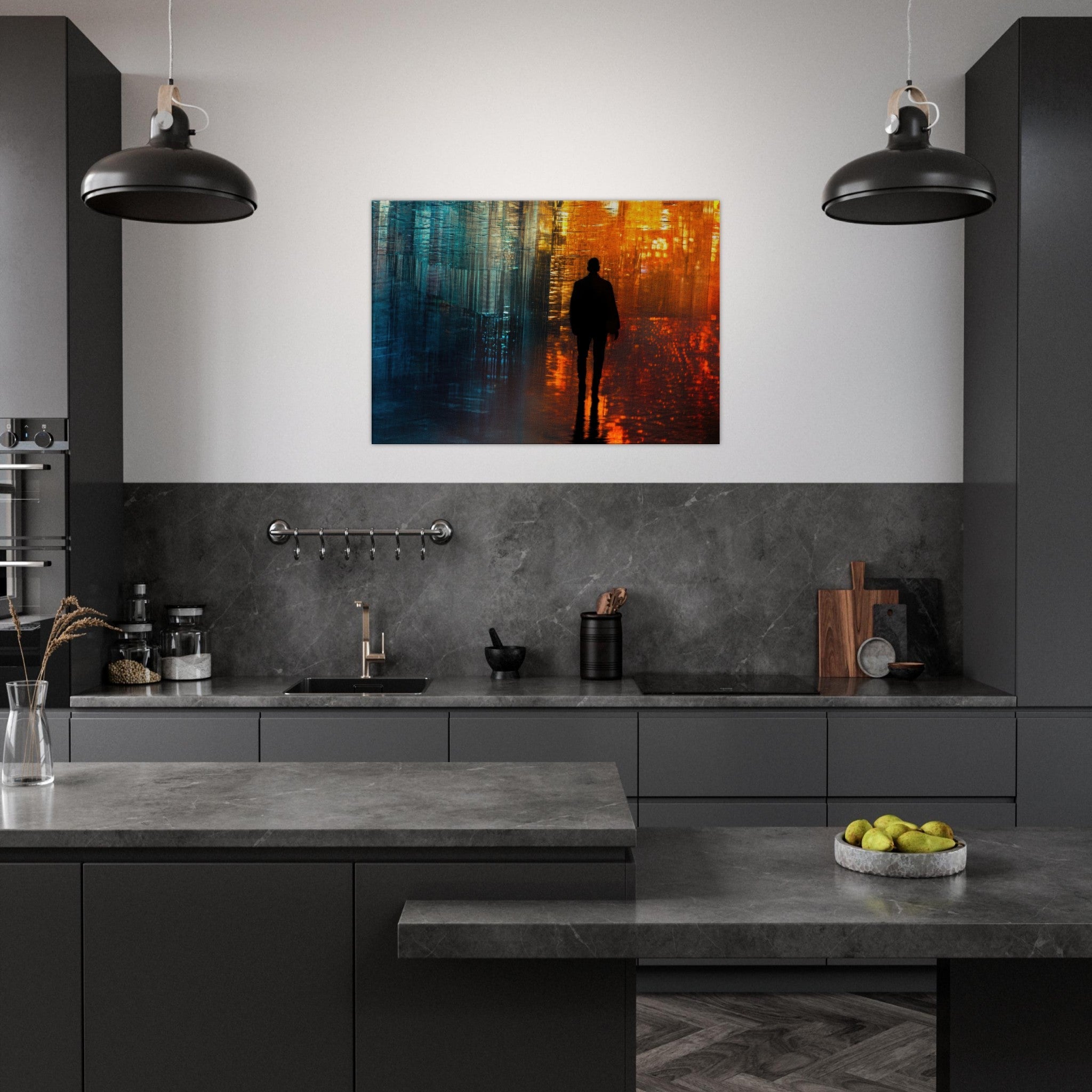 Canvas Landscape - A lonely figure walks the rain - drenched streets - Ai Art Force