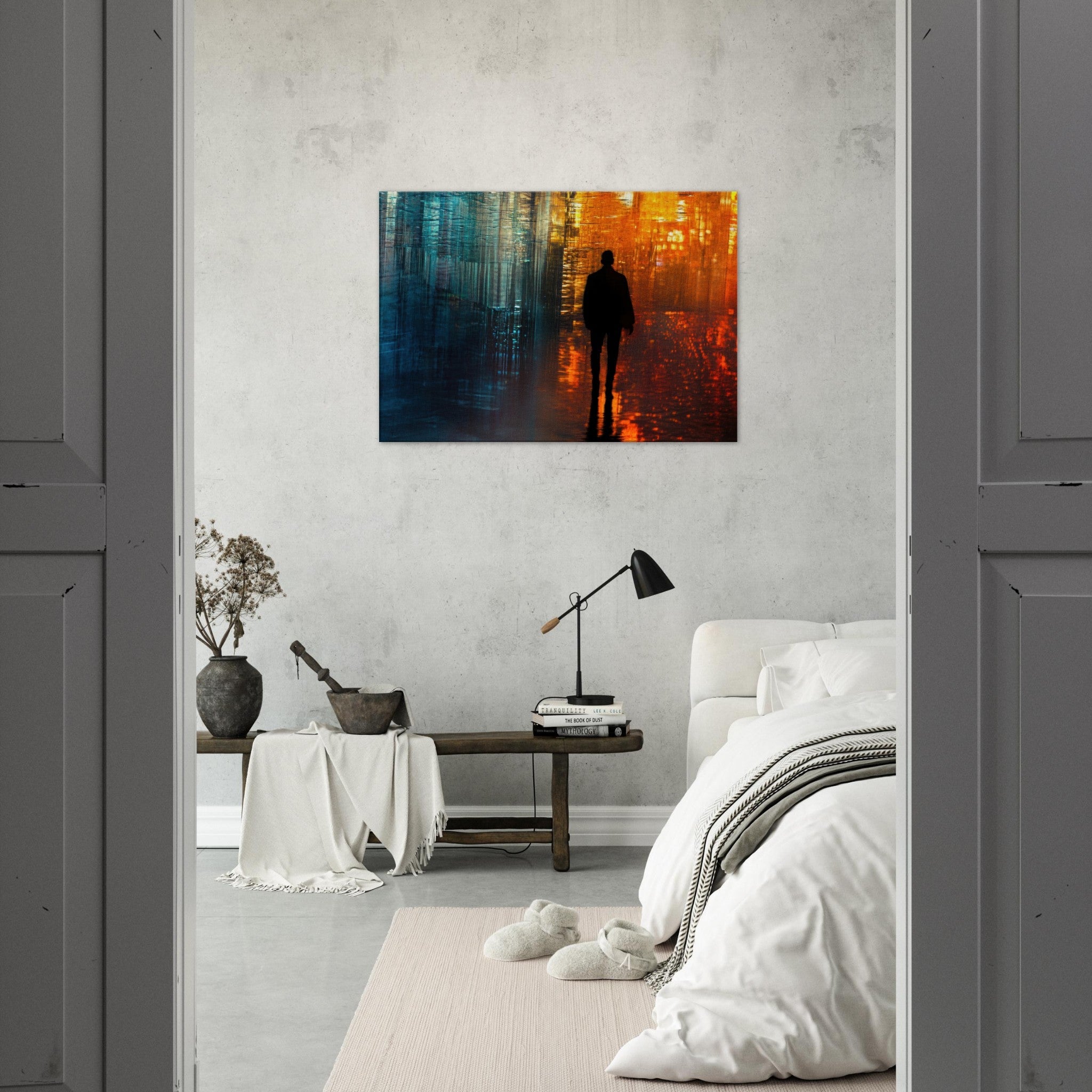 Canvas Landscape - A lonely figure walks the rain - drenched streets - Ai Art Force