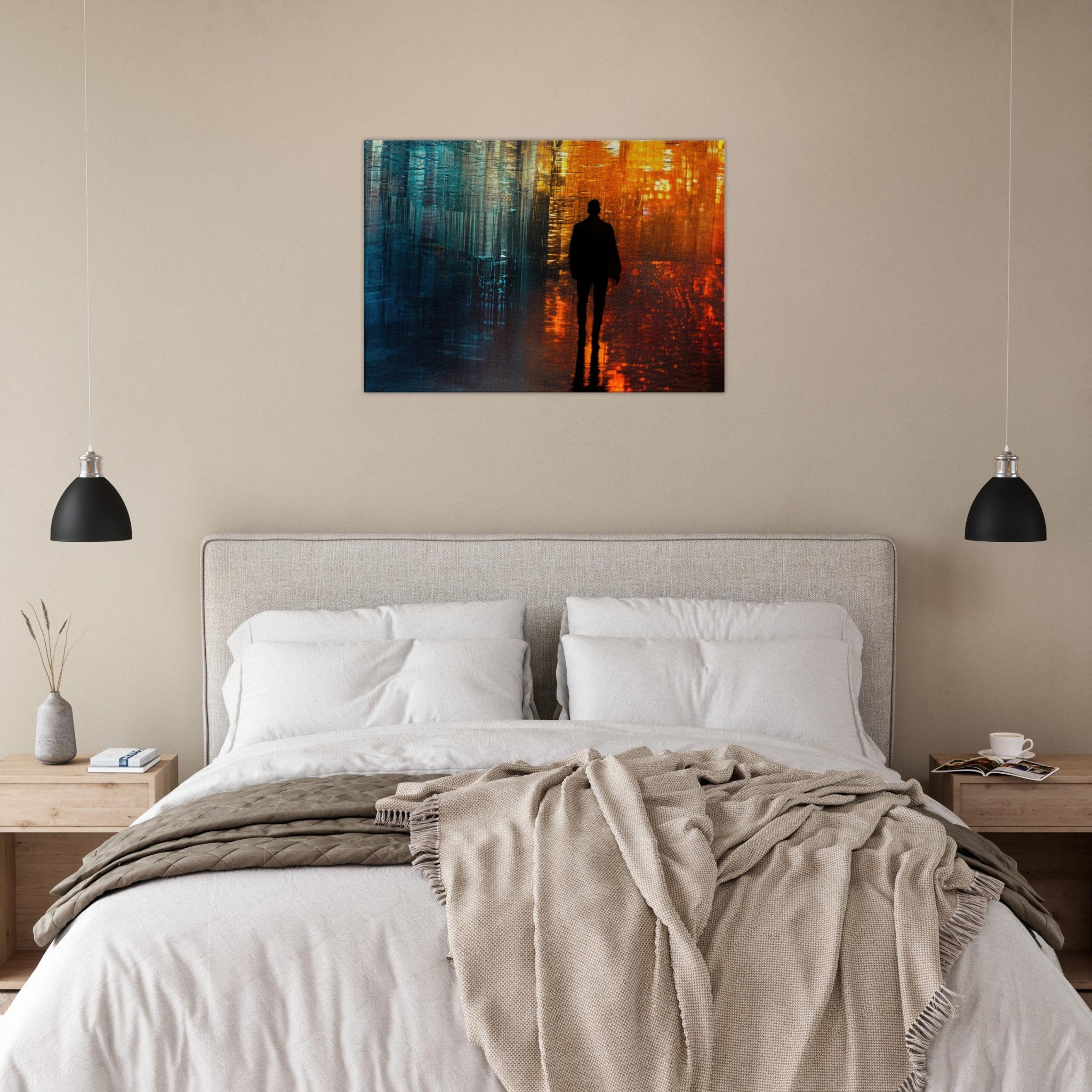 Canvas Landscape - A lonely figure walks the rain - drenched streets - Ai Art Force
