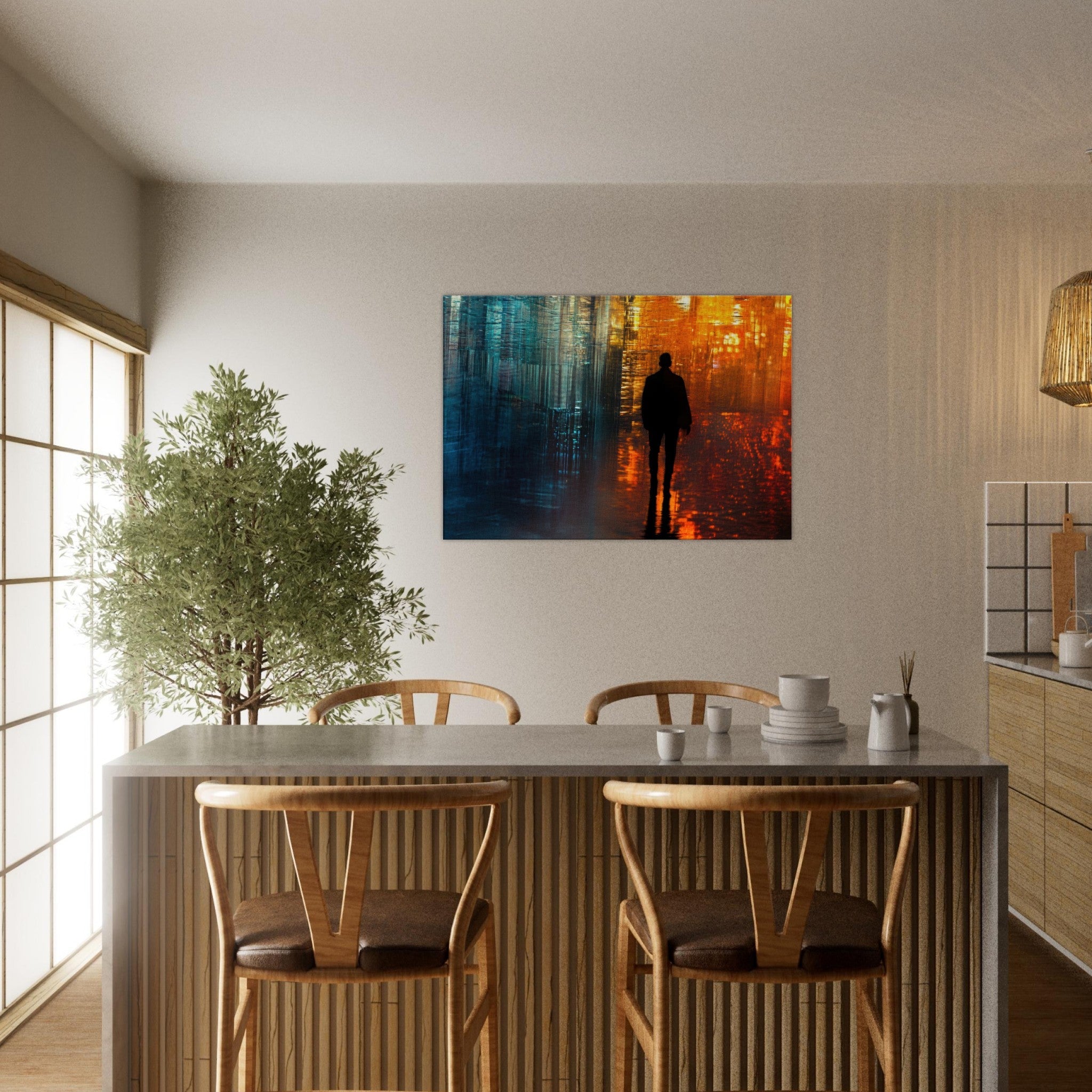 Canvas Landscape - A lonely figure walks the rain - drenched streets - Ai Art Force