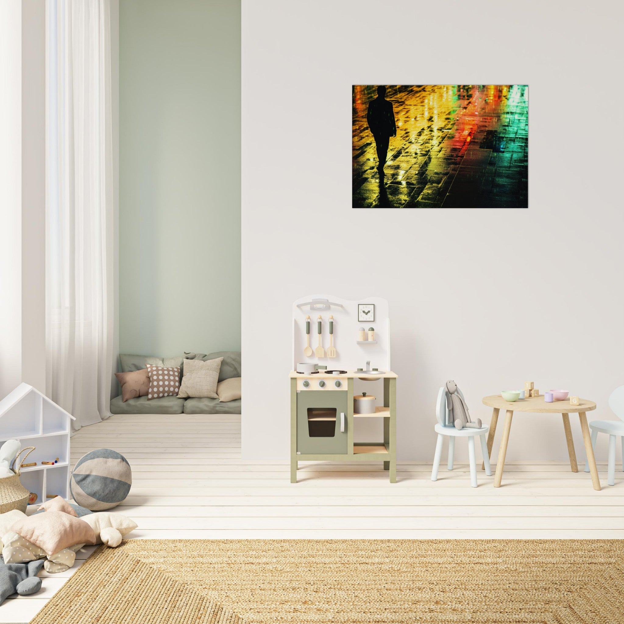 Canvas Landscape - A man walks alone in the pouring rain his figure 2 - Shop Ai Art WebShop - Digital Art online Store