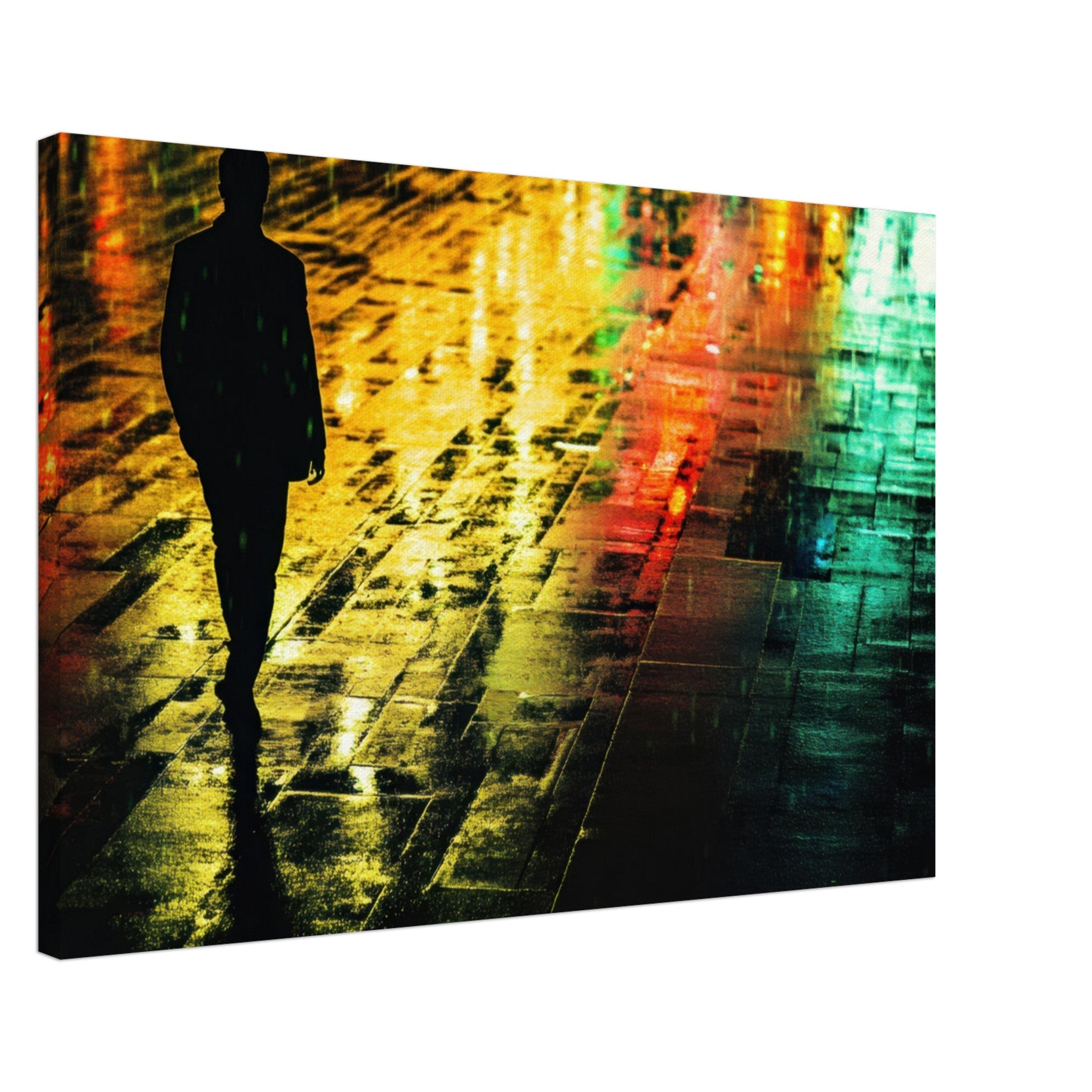 Canvas Landscape - A man walks alone in the pouring rain his figure 2 - Shop Ai Art WebShop - Digital Art online Store