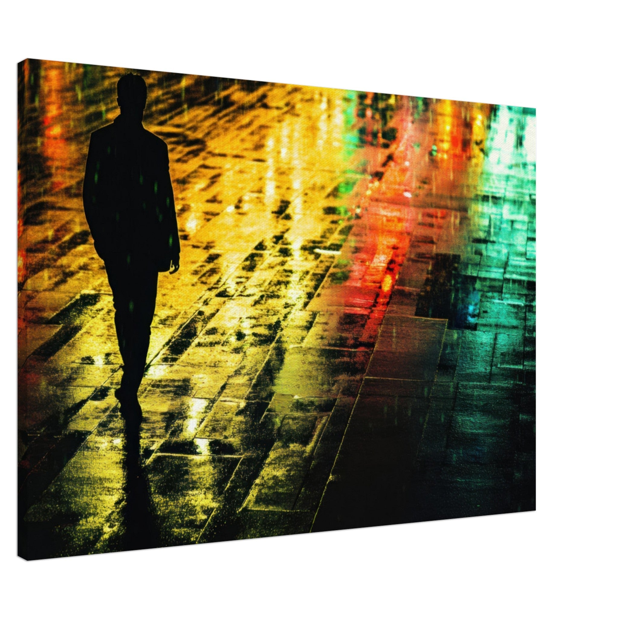 Canvas Landscape - A man walks alone in the pouring rain his figure 2 - Shop Ai Art WebShop - Digital Art online Store