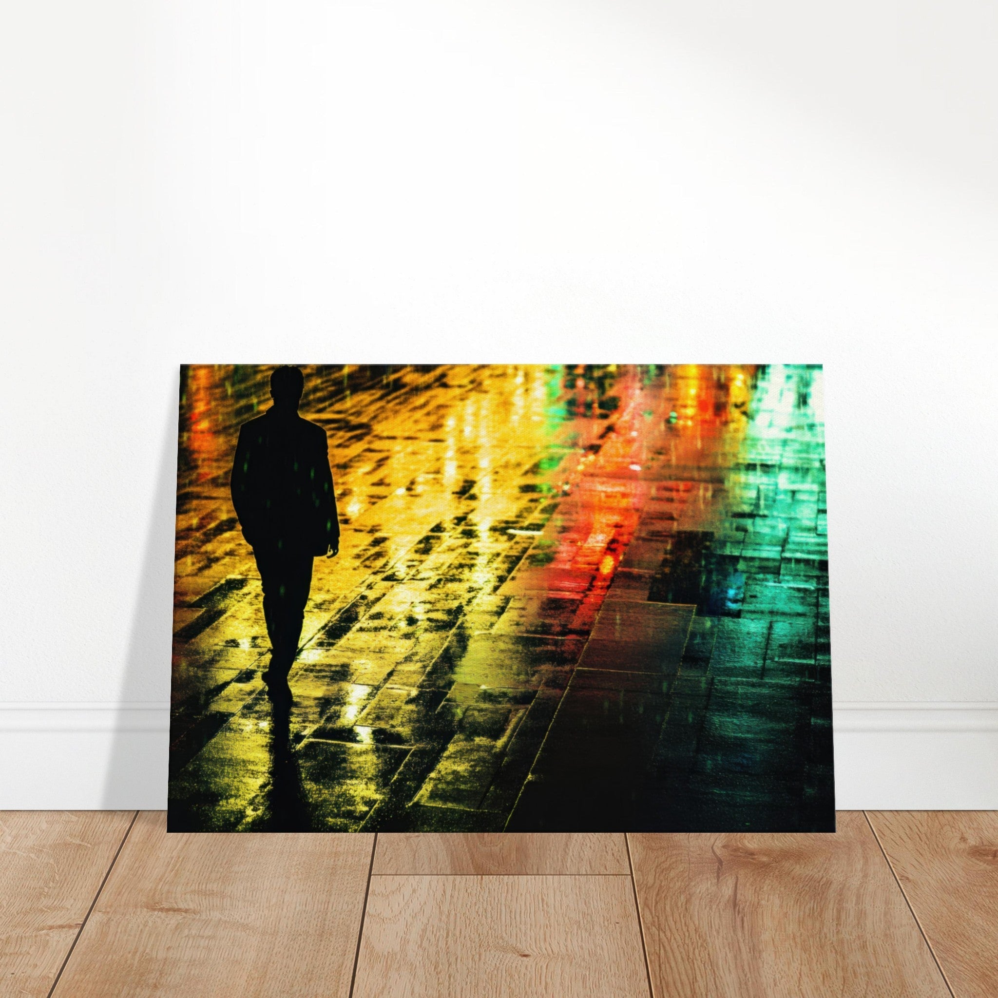 Canvas Landscape - A man walks alone in the pouring rain his figure 2 - Shop Ai Art WebShop - Digital Art online Store