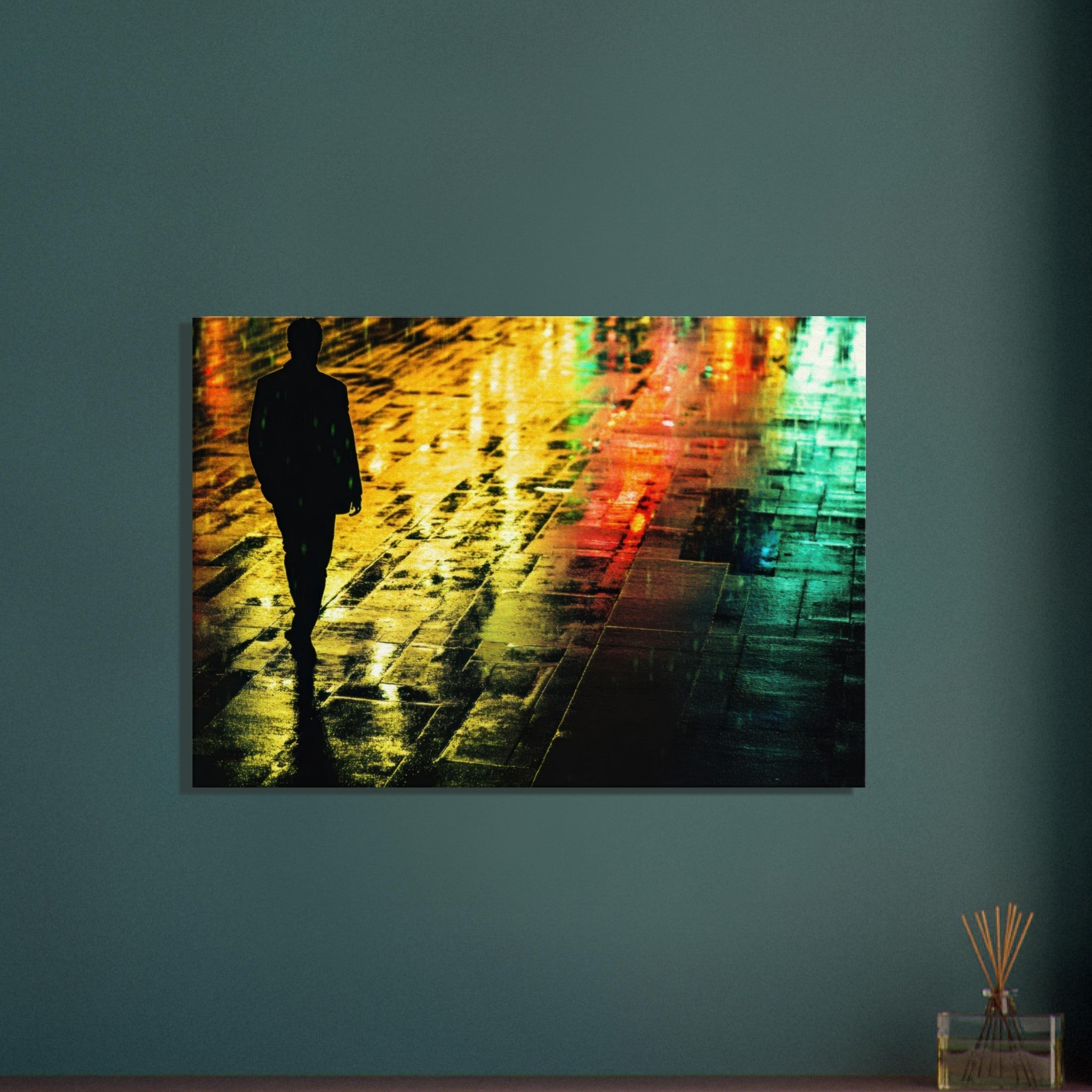 Canvas Landscape - A man walks alone in the pouring rain his figure 2 - Shop Ai Art WebShop - Digital Art online Store