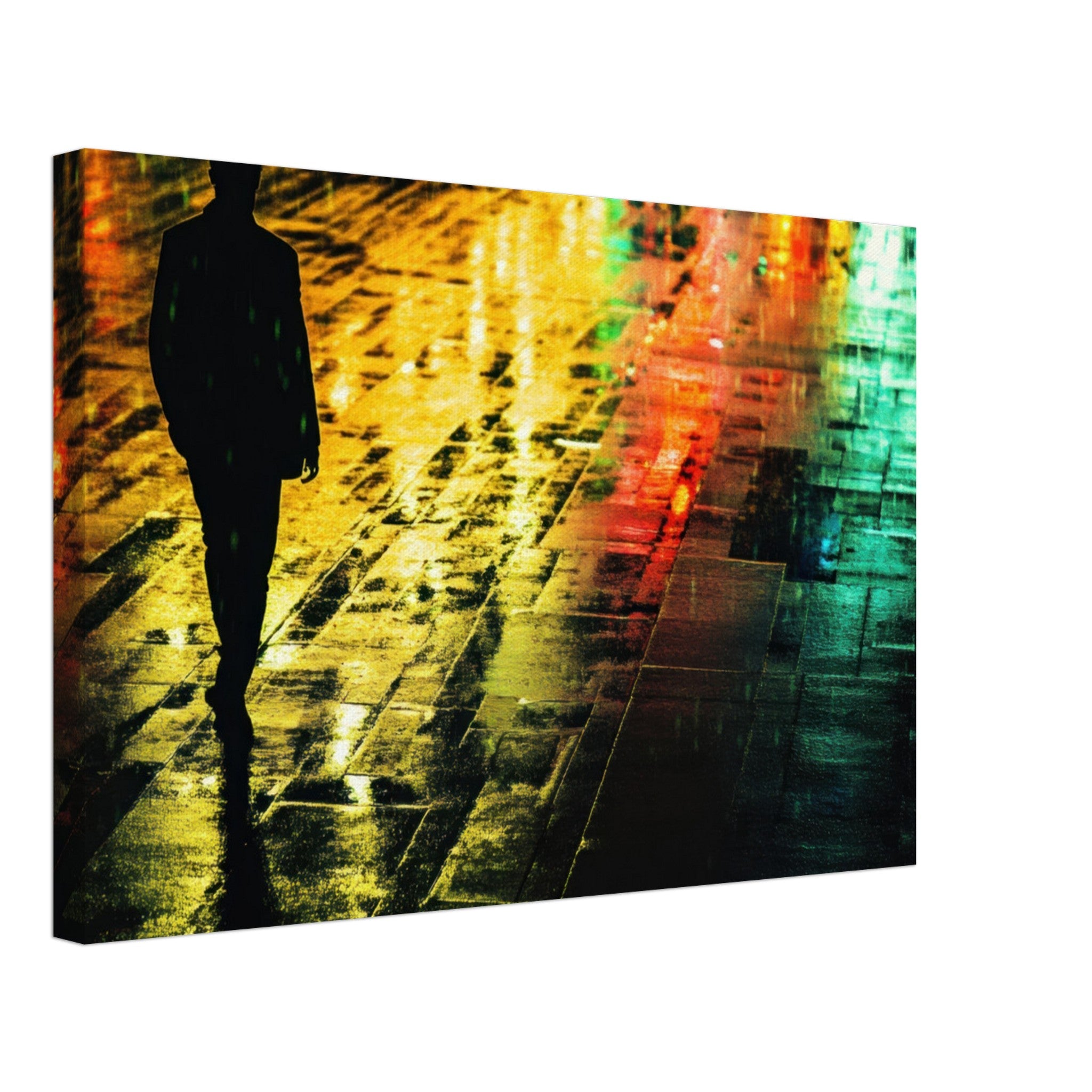 Canvas Landscape - A man walks alone in the pouring rain his figure 2 - Shop Ai Art WebShop - Digital Art online Store