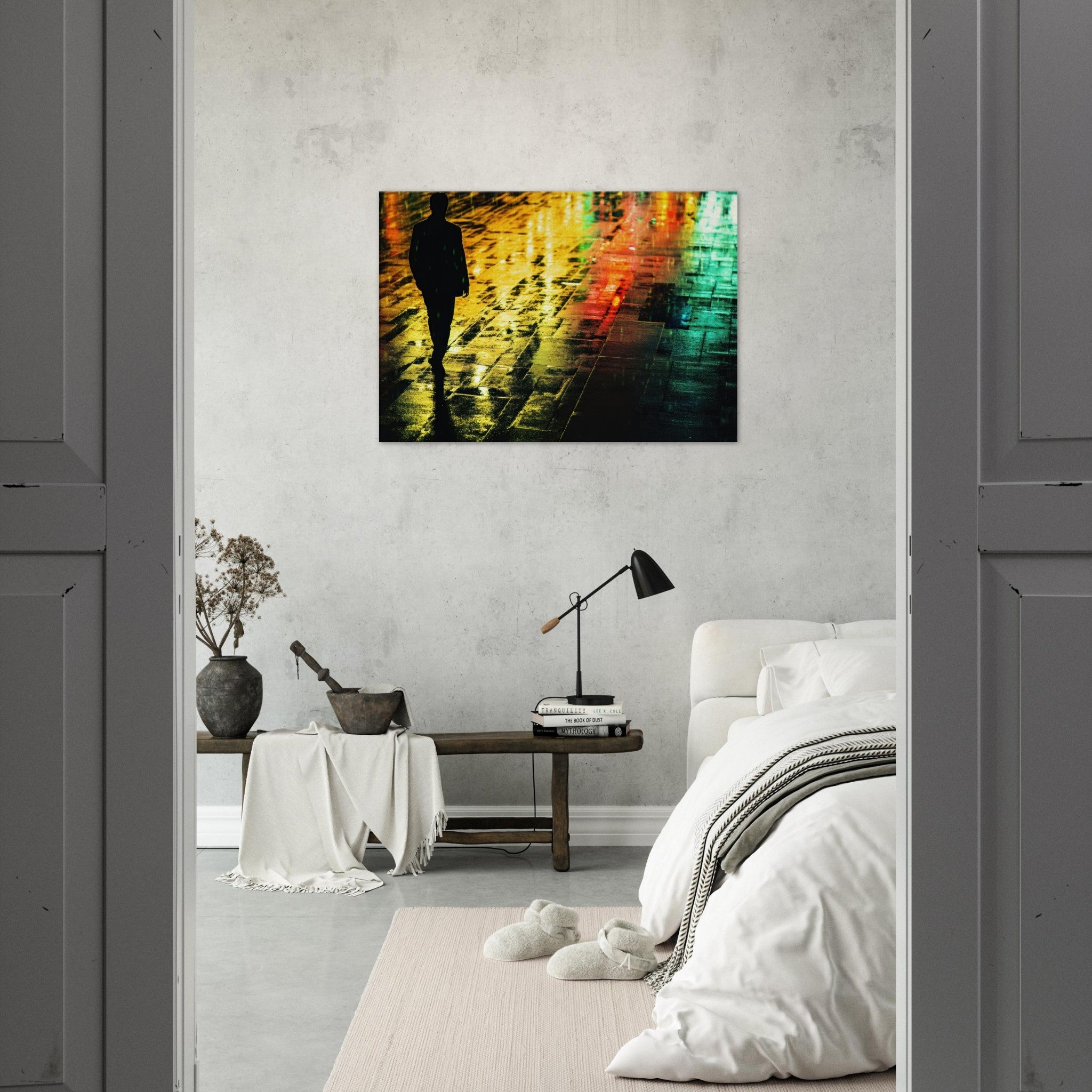 Canvas Landscape - A man walks alone in the pouring rain his figure 2 - Shop Ai Art WebShop - Digital Art online Store