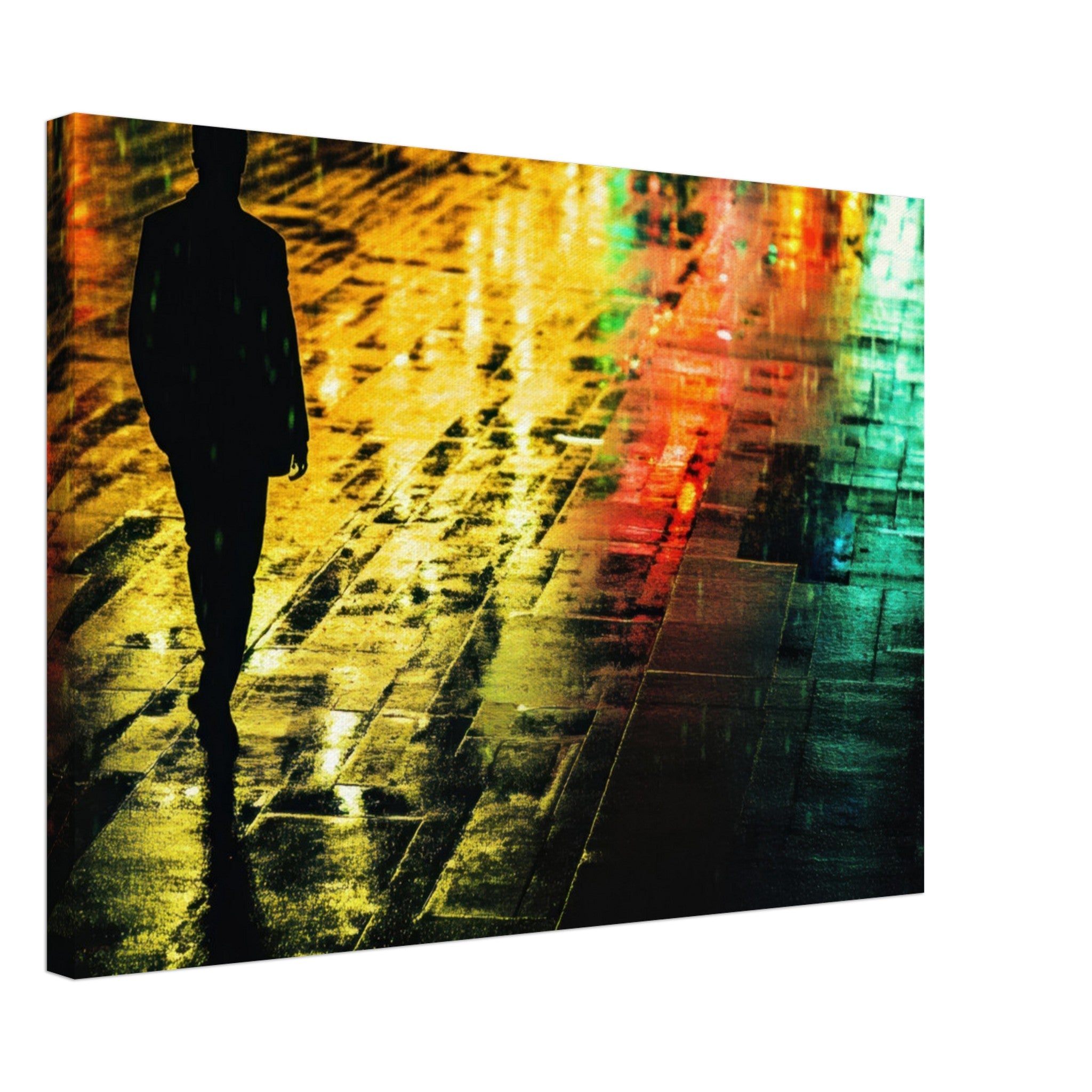 Canvas Landscape - A man walks alone in the pouring rain his figure 2 - Shop Ai Art WebShop - Digital Art online Store