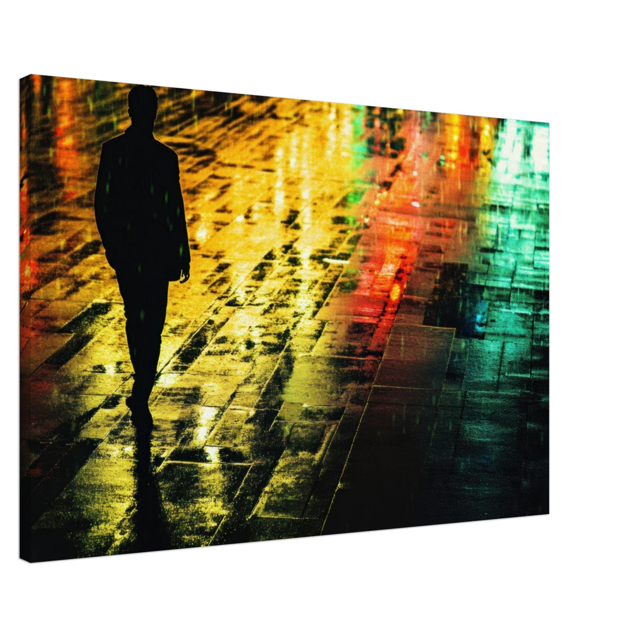 Canvas Landscape - A man walks alone in the pouring rain his figure 2 - Shop Ai Art WebShop - Digital Art online Store