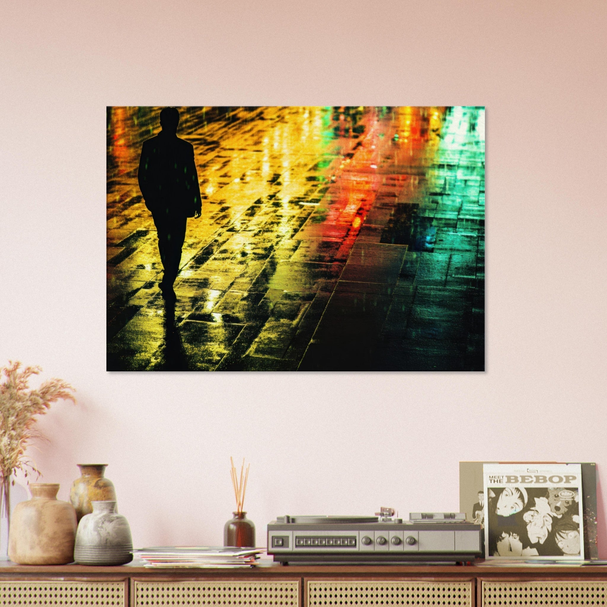 Canvas Landscape - A man walks alone in the pouring rain his figure 2 - Shop Ai Art WebShop - Digital Art online Store