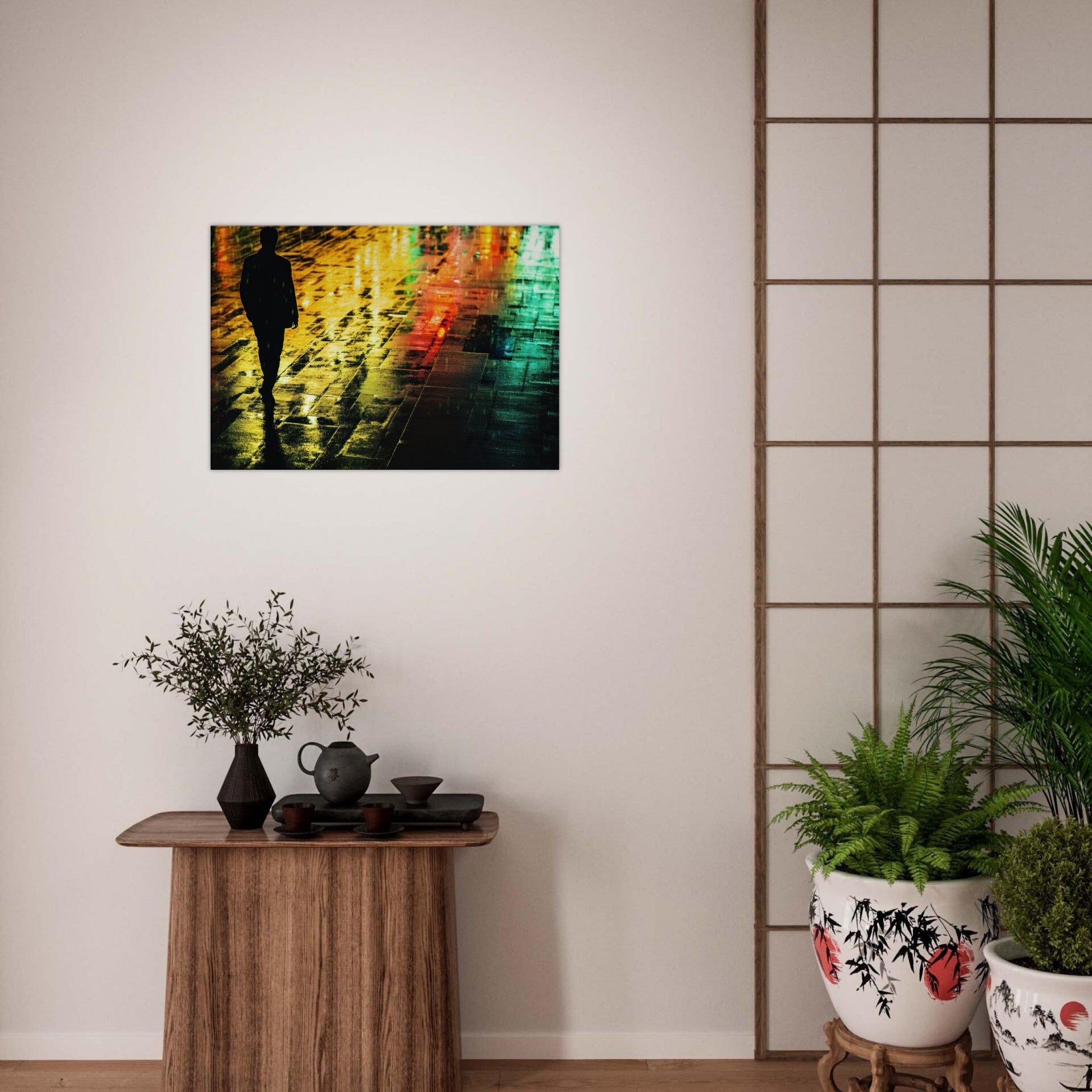 Canvas Landscape - A man walks alone in the pouring rain his figure 2 - Shop Ai Art WebShop - Digital Art online Store