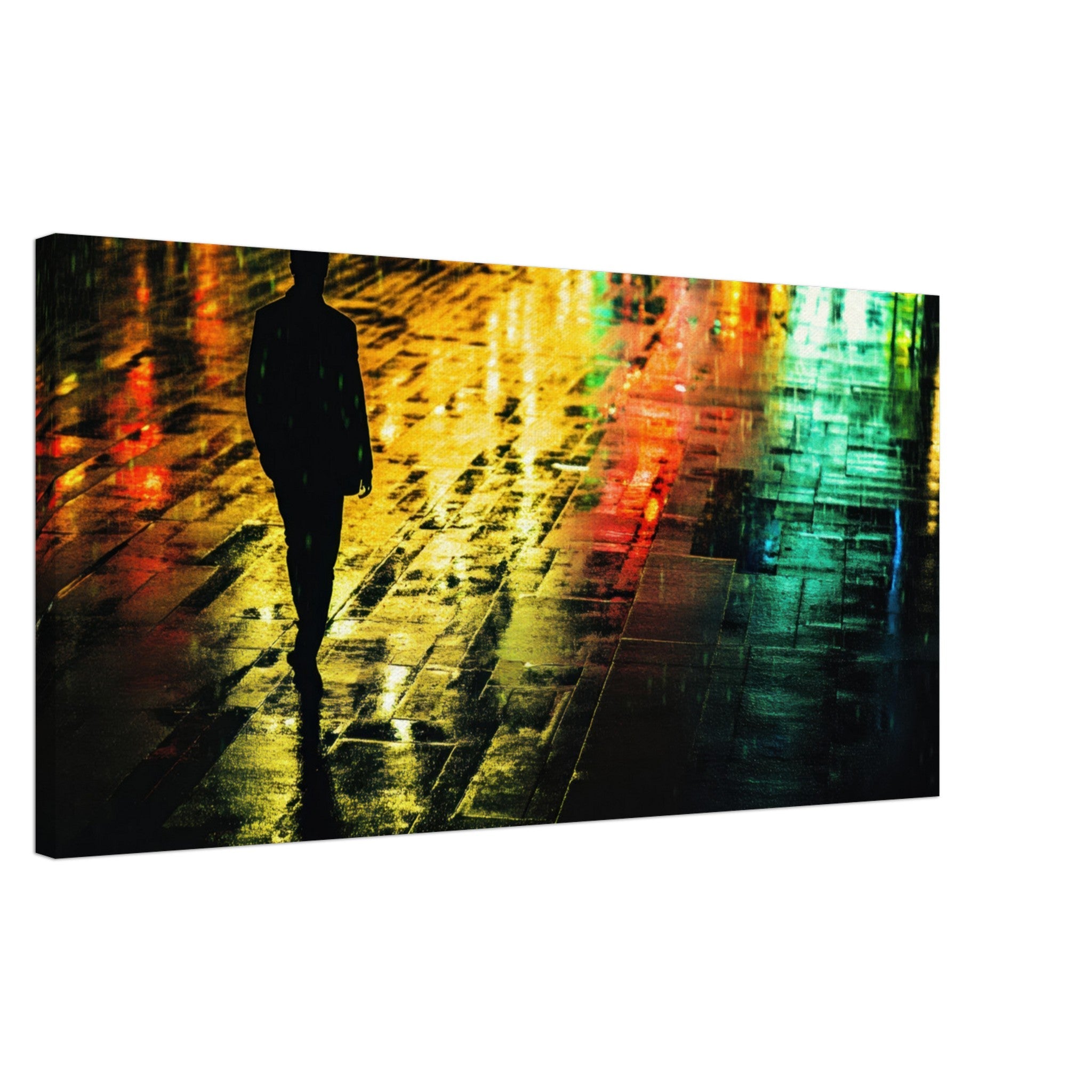 Canvas Landscape - A man walks alone in the pouring rain his figure 2 - Shop Ai Art WebShop - Digital Art online Store