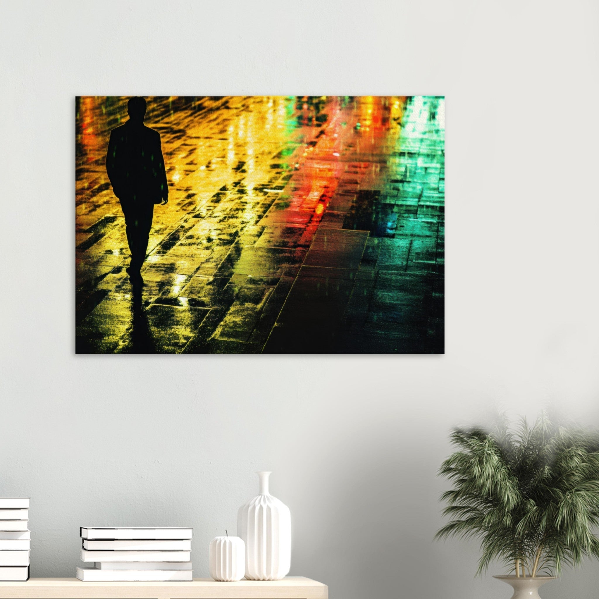 Canvas Landscape - A man walks alone in the pouring rain his figure 2 - Shop Ai Art WebShop - Digital Art online Store